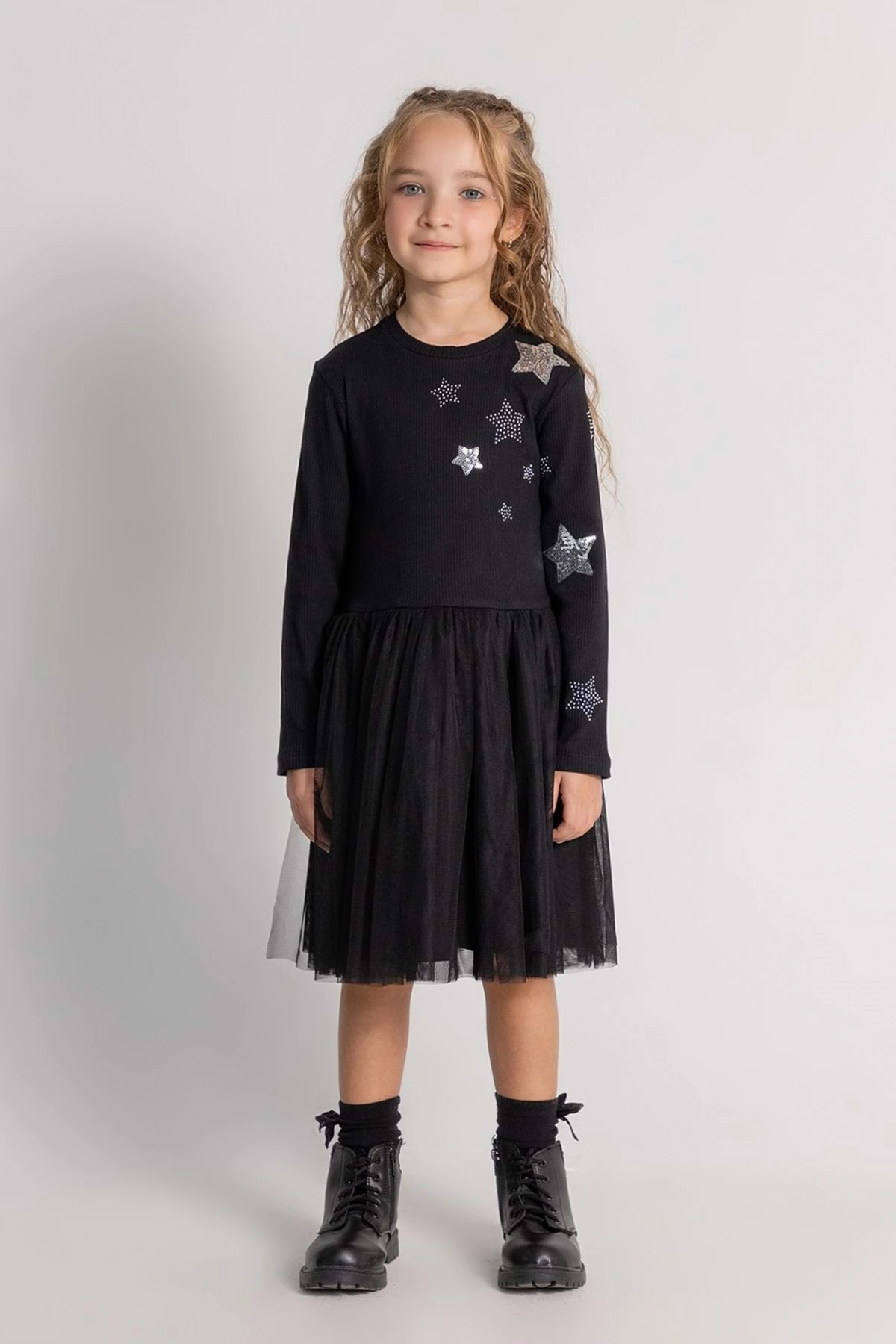 Önü Kolu Yıldız Payet Taş Baskılı Kız Çocuk Elbise Siyah