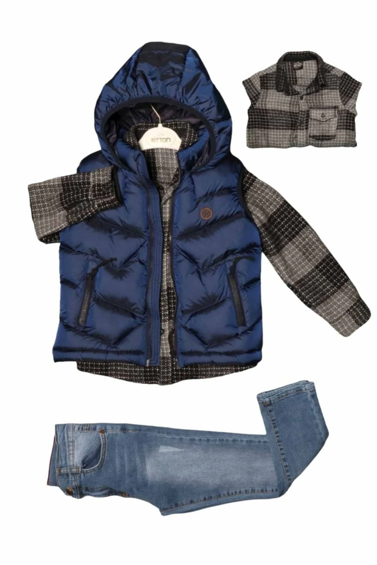 Şişme Yelekli Oduncu Gömlekli Pantolonlu Erkek Çocuk Takım