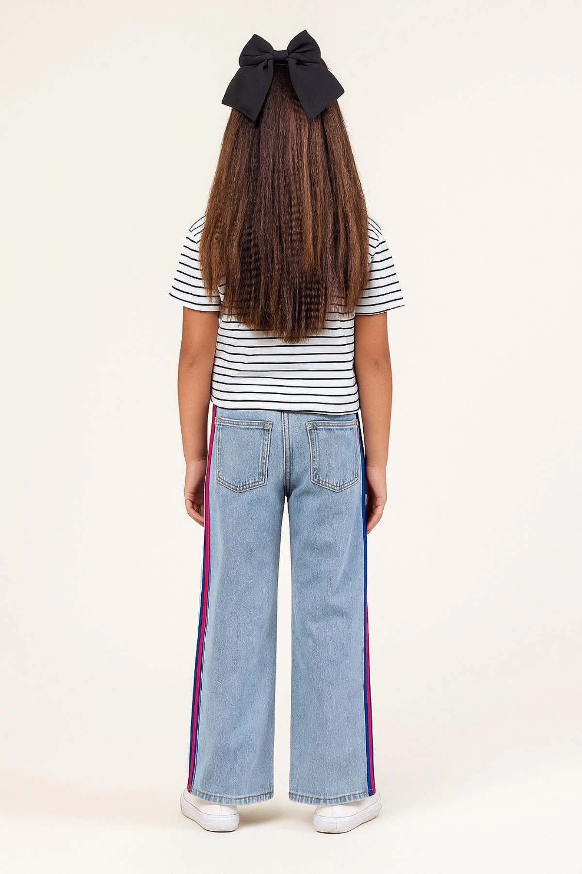 Kız Çocuk Renkli Şeritli Bol Paça Kot Pantolon