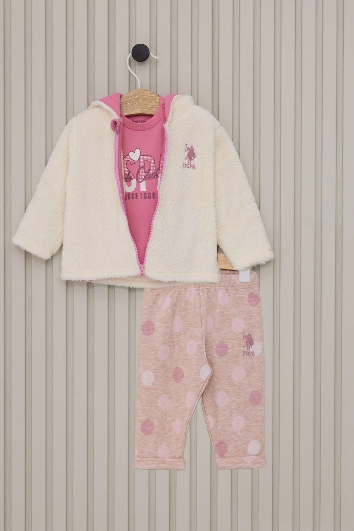 Polar Hırkalı Baskılı Sweatlı Kız Çocuk Üçlü Eşofman Takım