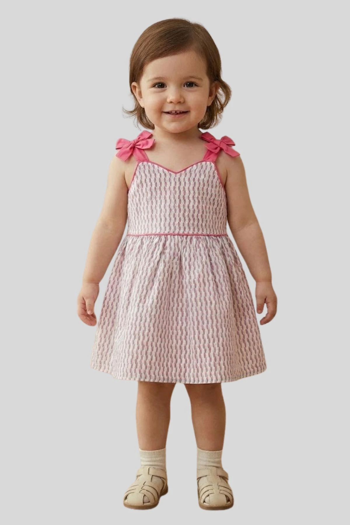 Omuzdan Bağlamalı Sırtan Fermuar Kapamalı Fiyonk Detaylı Kız Çocuk Elbise