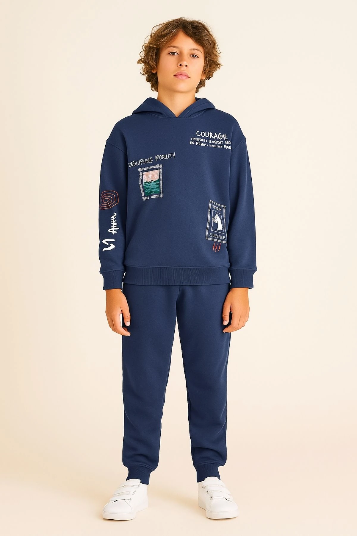 Erkek Çocuk Indigo Sweatshirt ve Eşofman Altı Takım - Kapüşonlu Baskılı Rahat Kesim