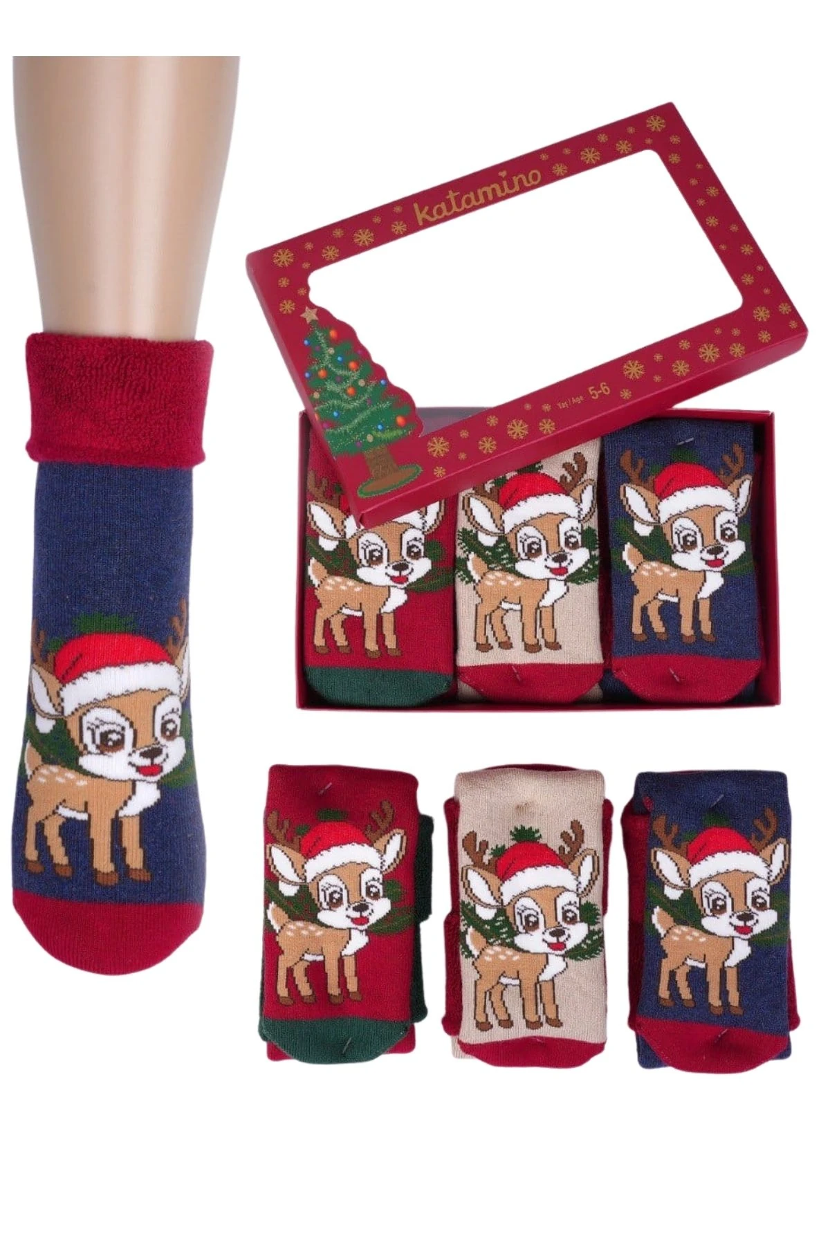 Çocuk Noel Desenli Çorap 3’lü Set