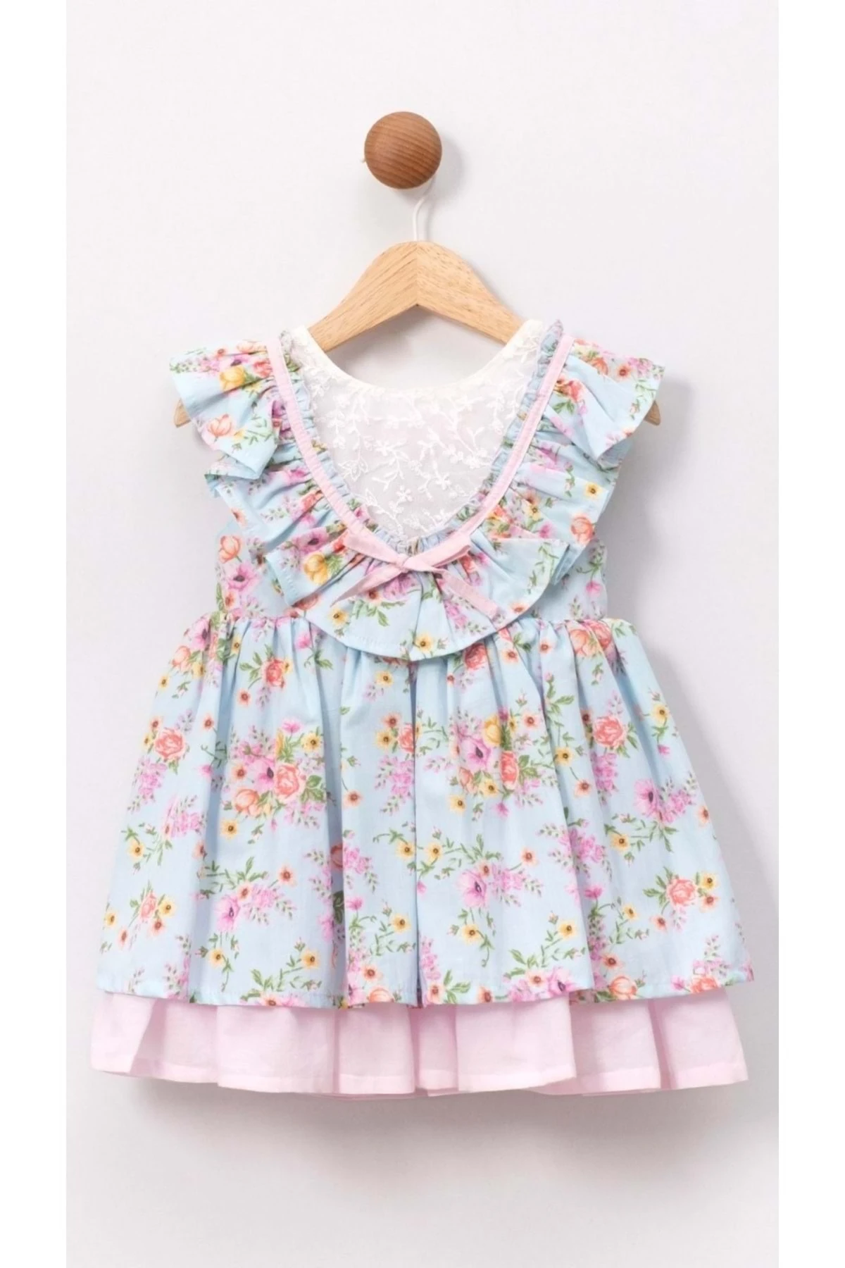 Çiçek Desenli Kurdela Bağlamalı Fisto Detaylı Kız Çocuk Elbisesi