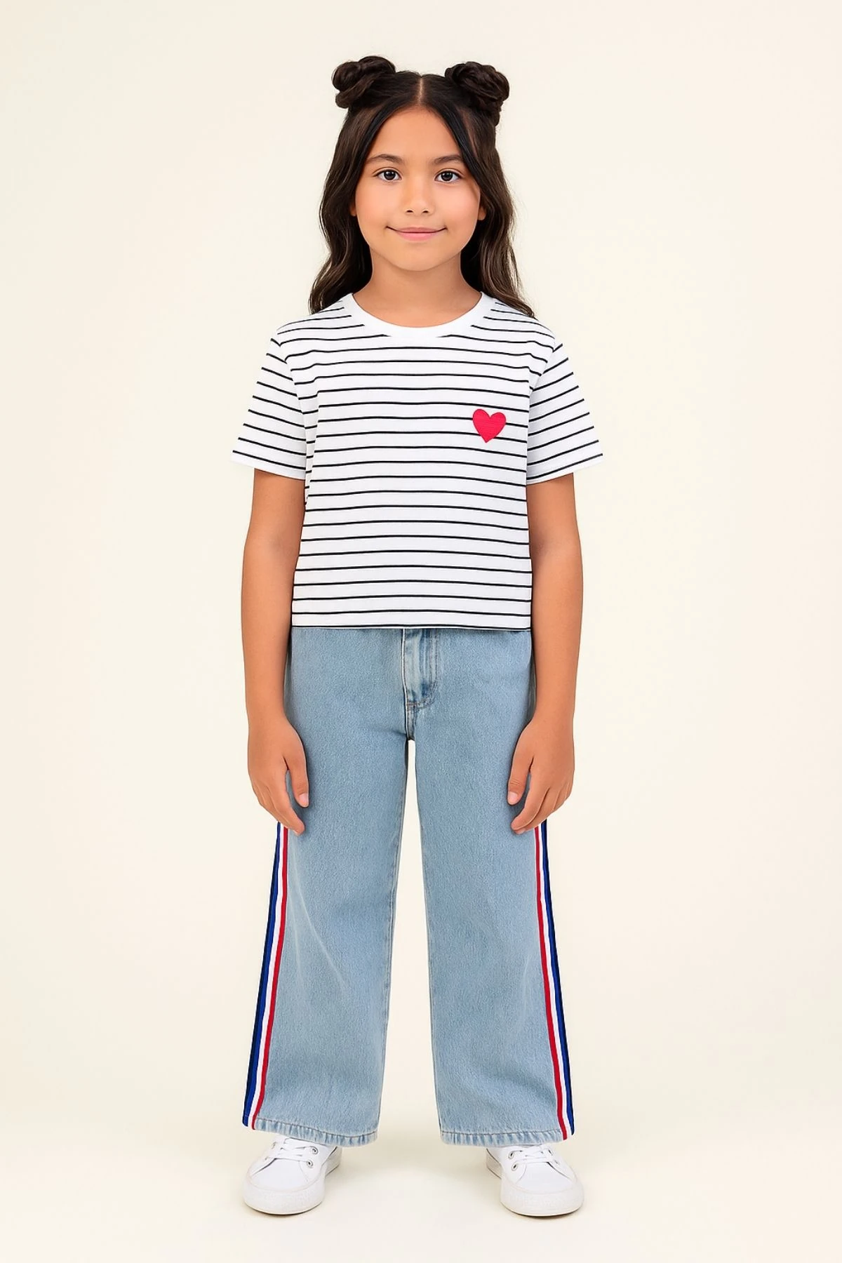 Kız Çocuk Renkli Şeritli Bol Paça Kot Pantolon