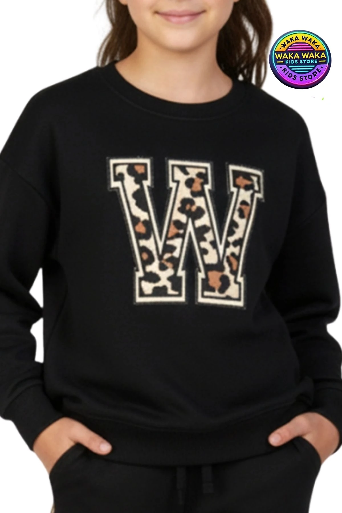 Kız Çocuk Leopar Detaylı W Baskılı Sweatshirt ve Geniş Paça Eşofman Takımı