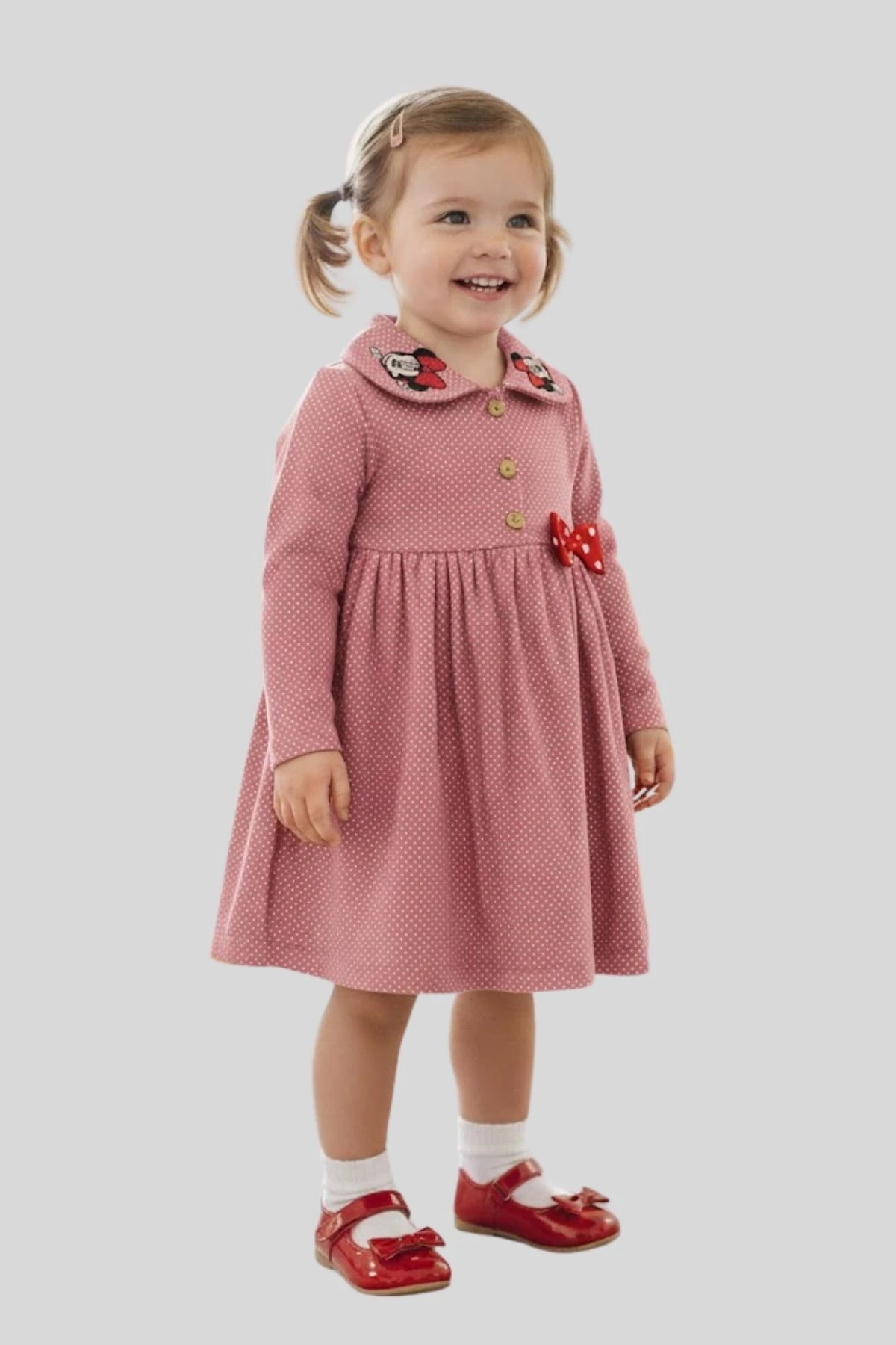 Puantiyeli Yakası Mini Mause Nakışlı Önden Düğmeli Elbise