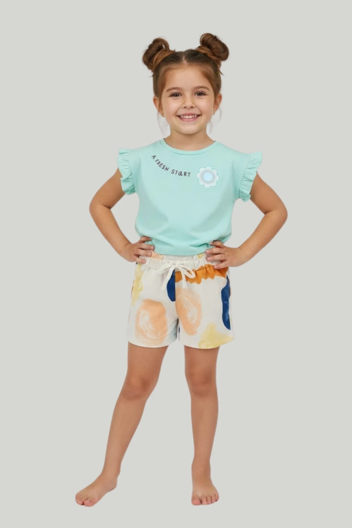 Çiçek Detaylı Mint Yeşili Tişört ve Desenli Şort Bebek/Çocuk Takım