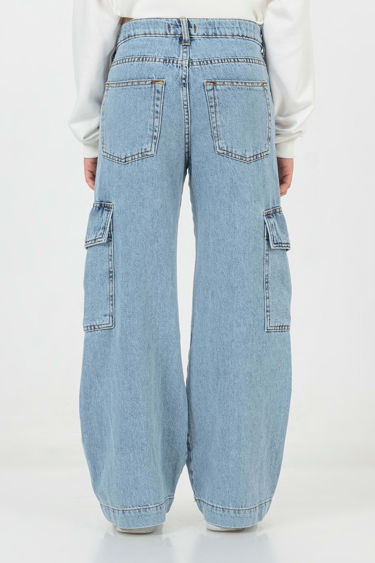 Kargo Cepli Ayarlanabilir Belli Bol Paça Kız Kot Pantolon - Lacivert - 9-10 YAŞ