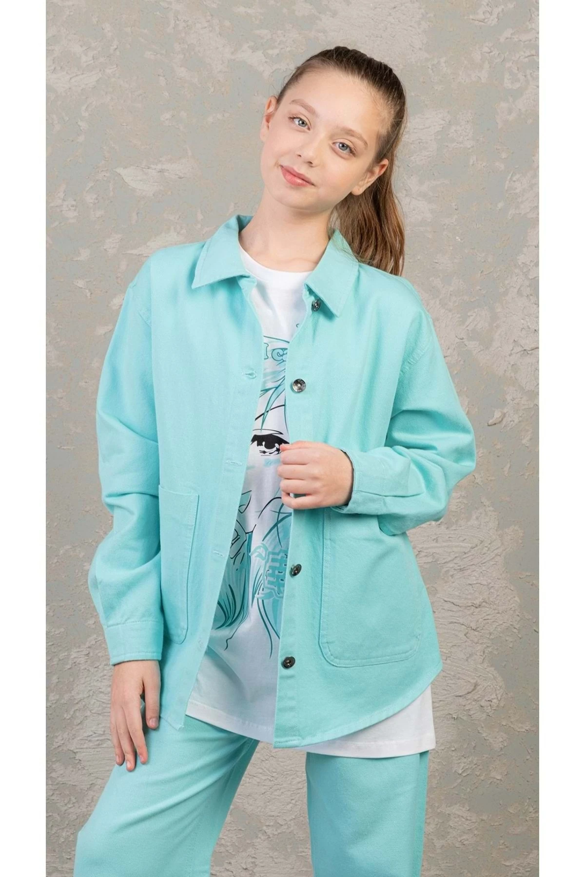 Düz Renk Cepli Düğme Kapamalı Kız Çocuk Kot Gömlek - Mint - 13-14 Yaş