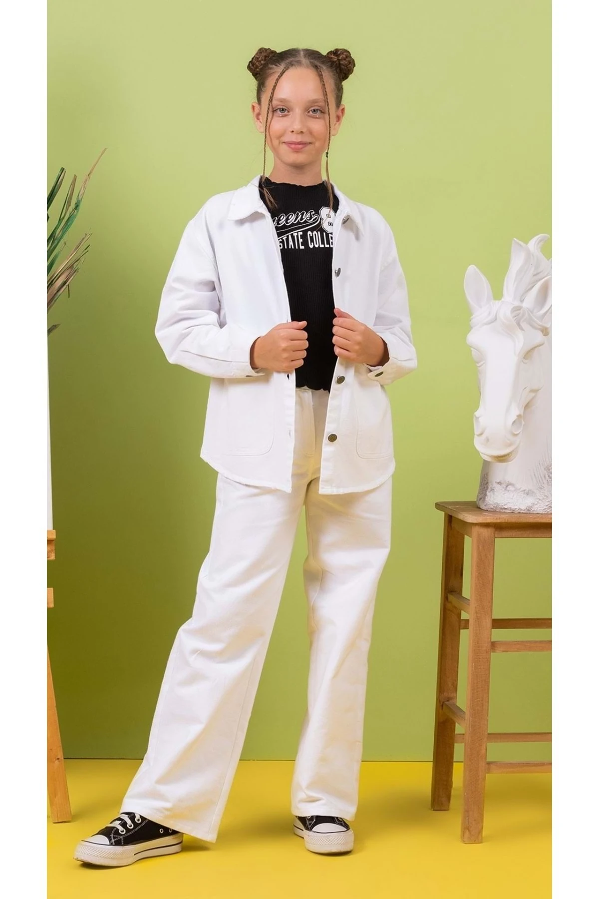 Beli Ayarlanabilir Kız Çocuk Kot Pantolon - Beyaz - 12-13 Yaş