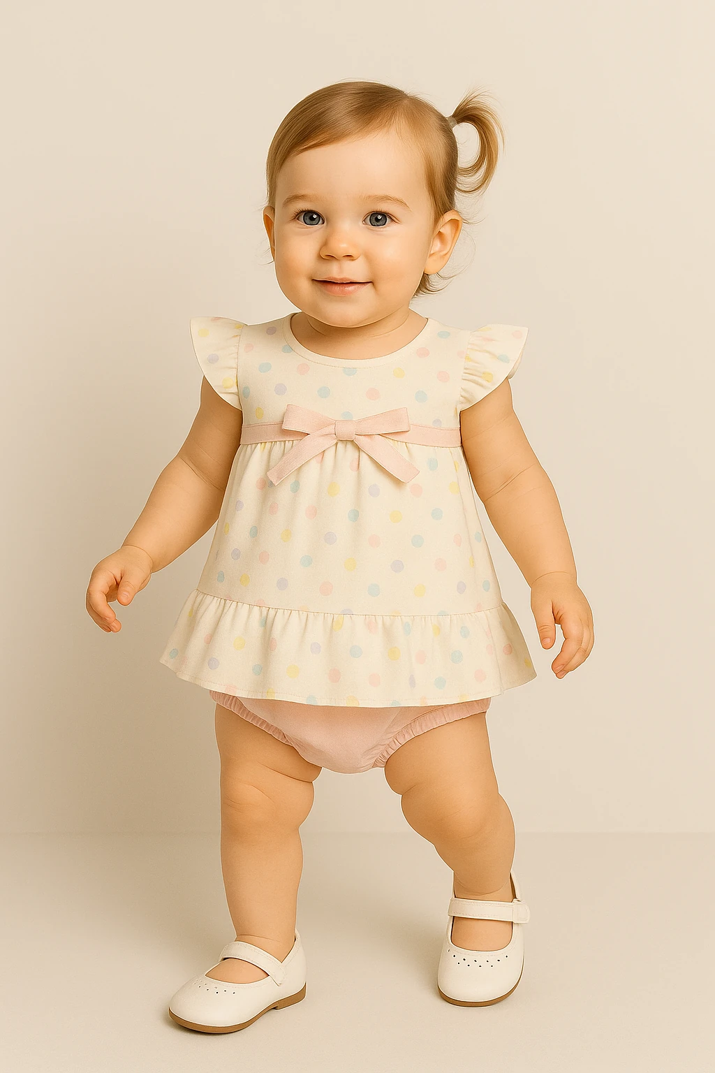 Puantiye Baskılı Önü Fiyonk Detaylı Astarlı Kız Bebek Elbise