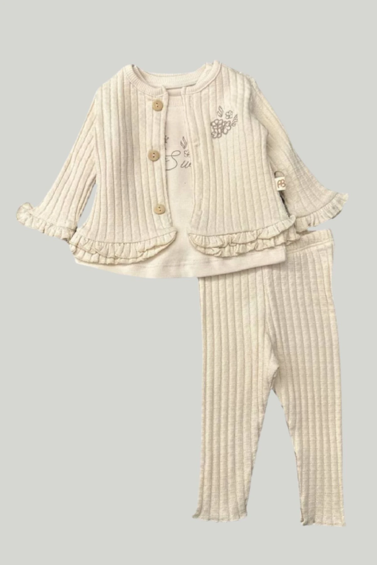 Kalın Fitilli Nakışlı Hırka Uzunkollu Badi Pantolonlu 3lü Kız Bebek Takım