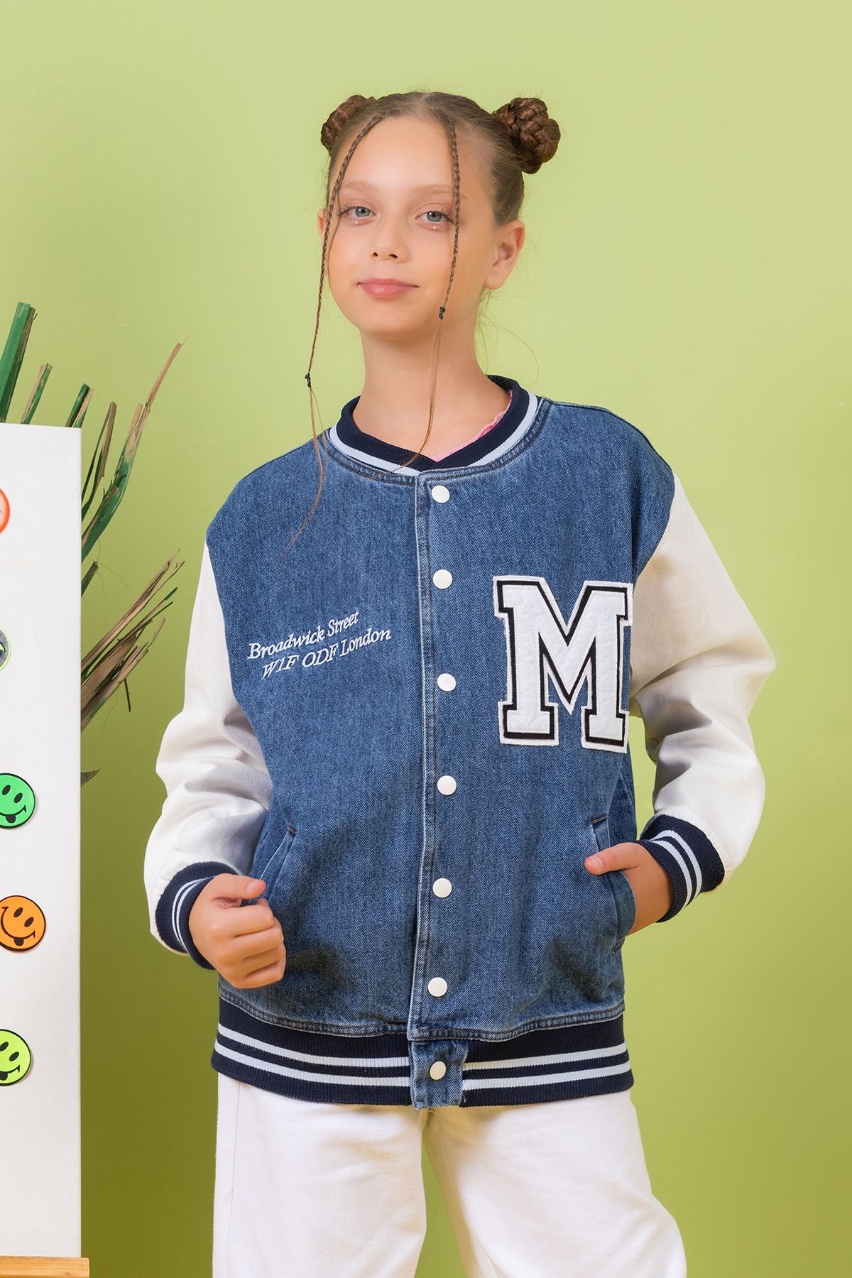 Kız Çocuk Bisiklet Yaka Önden Düğmeli Kot Kolej Hırka