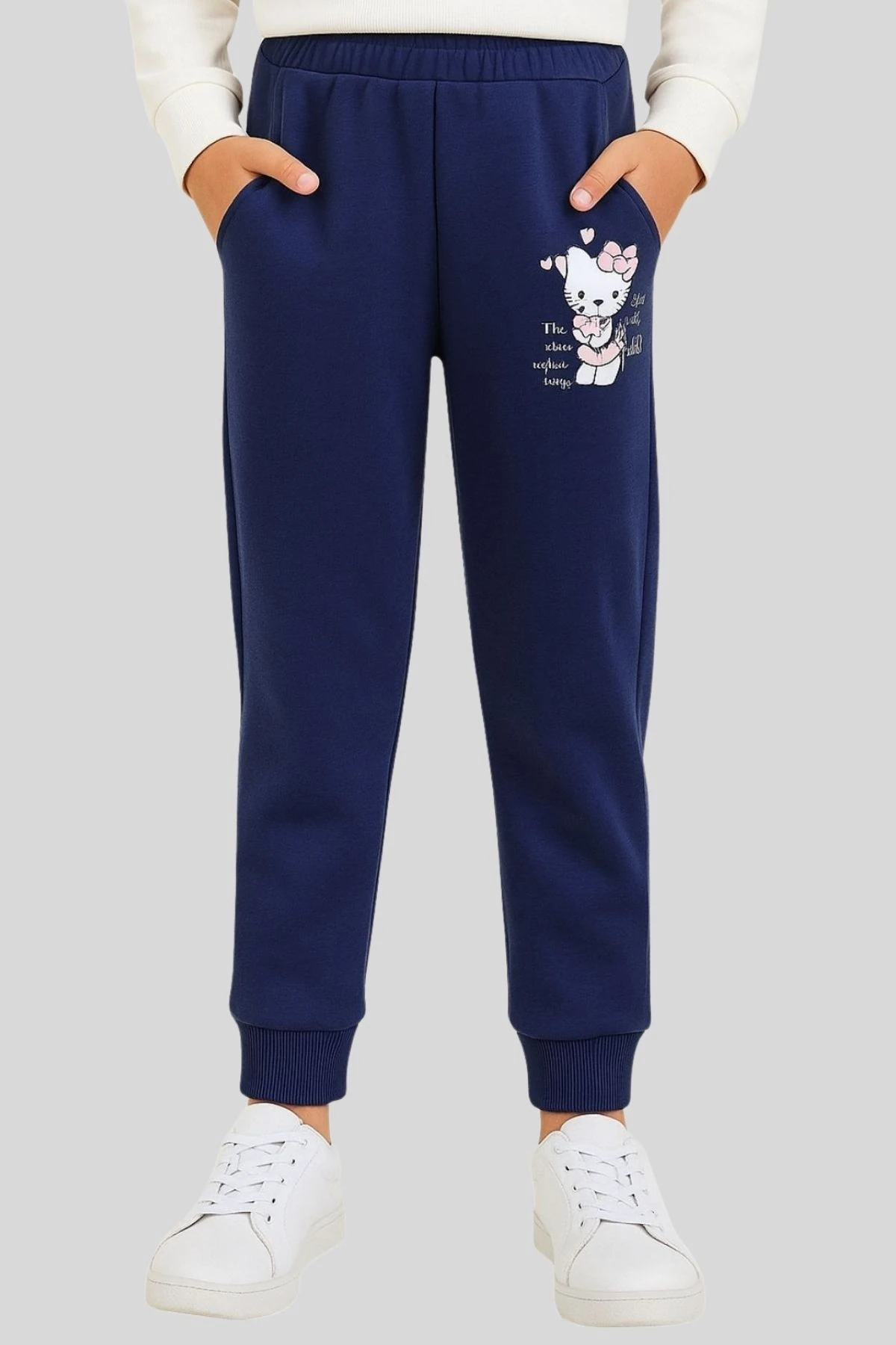 Kız Çocuk  Eşofman Altı  Gri Şeritli, Pembe Taşlı, Lacivert Baskılı