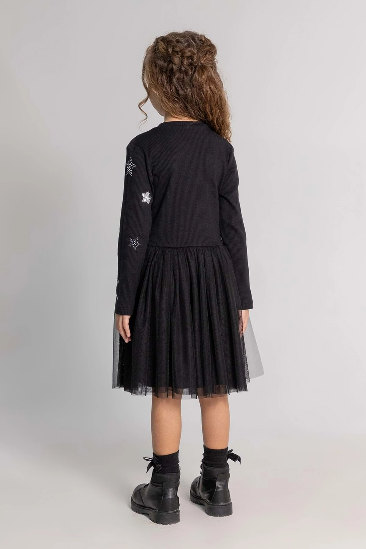 Önü Kolu Yıldız Payet Taş Baskılı Kız Çocuk Elbise Siyah