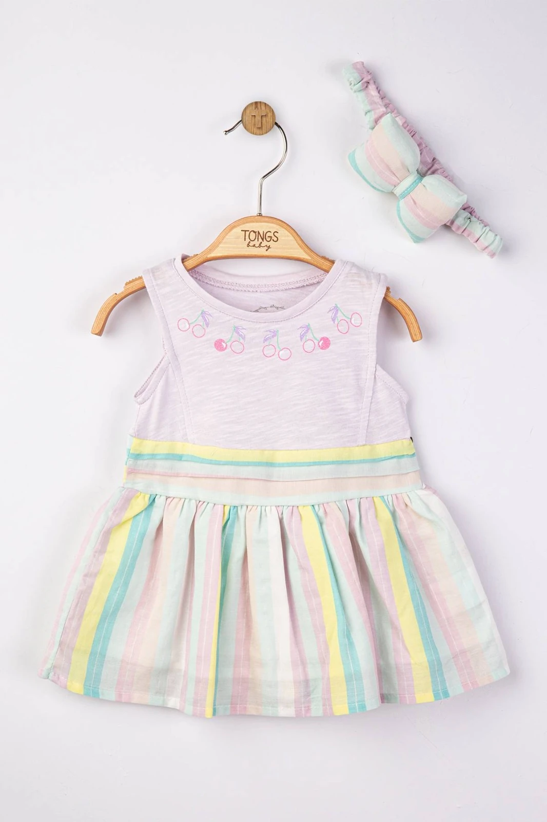 Kiraz Baskılı Çizgili Bebek Elbise ve Bandana Takım