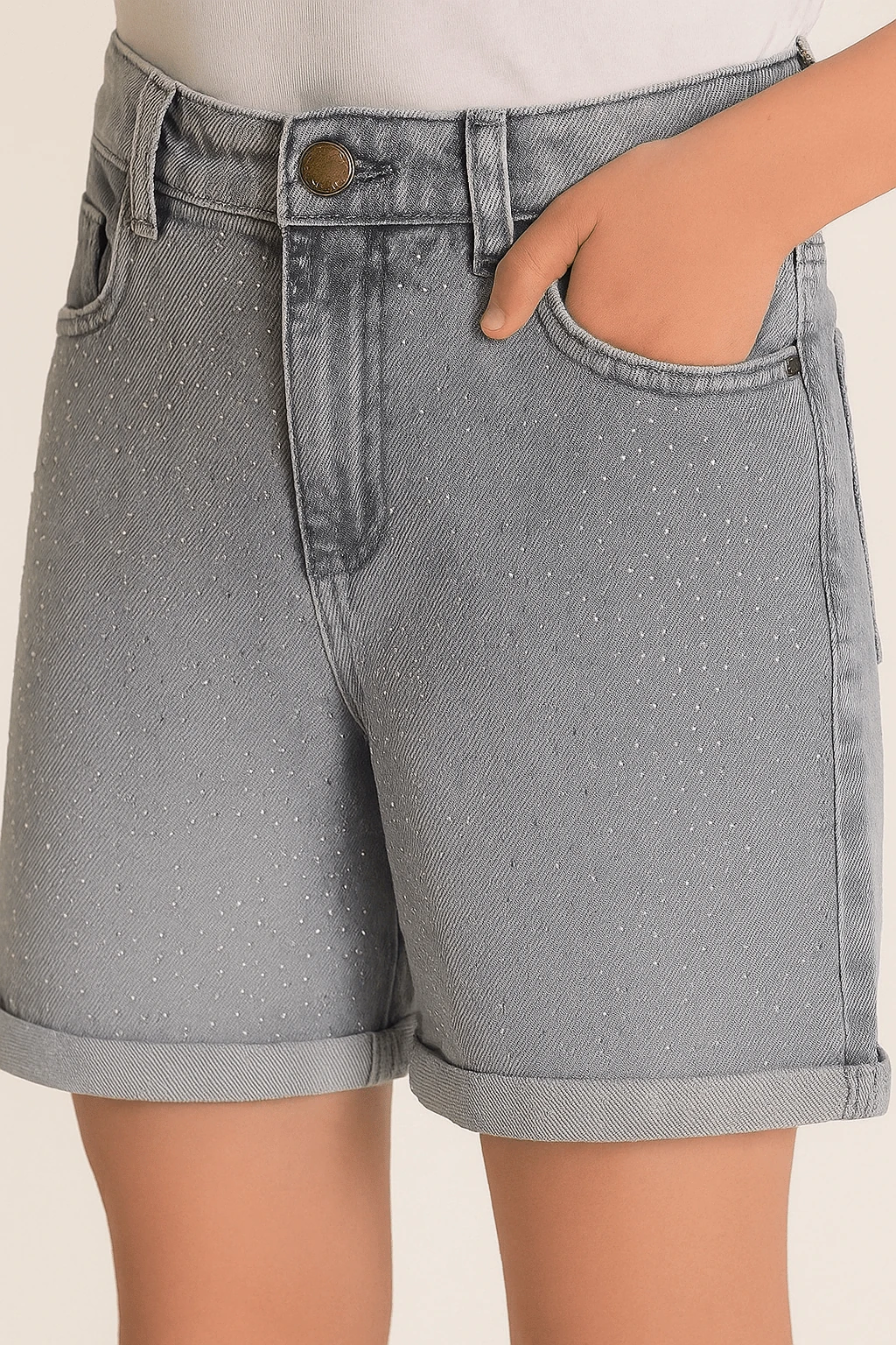 Aylanabilir Bel Taş Baskılı Kız Çocuk Kot Şort