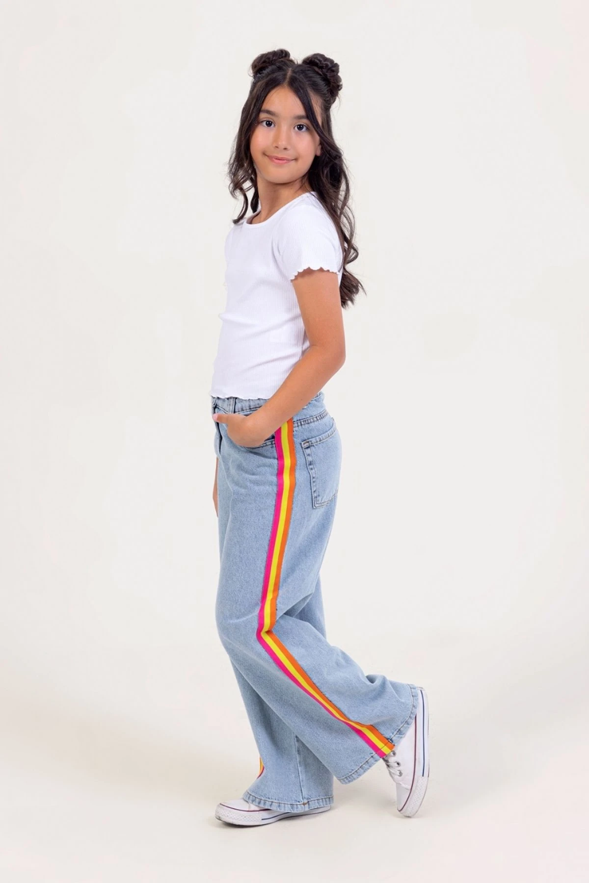 Kız Çocuk Renkli Şeritli Bol Paça Kot Pantolon