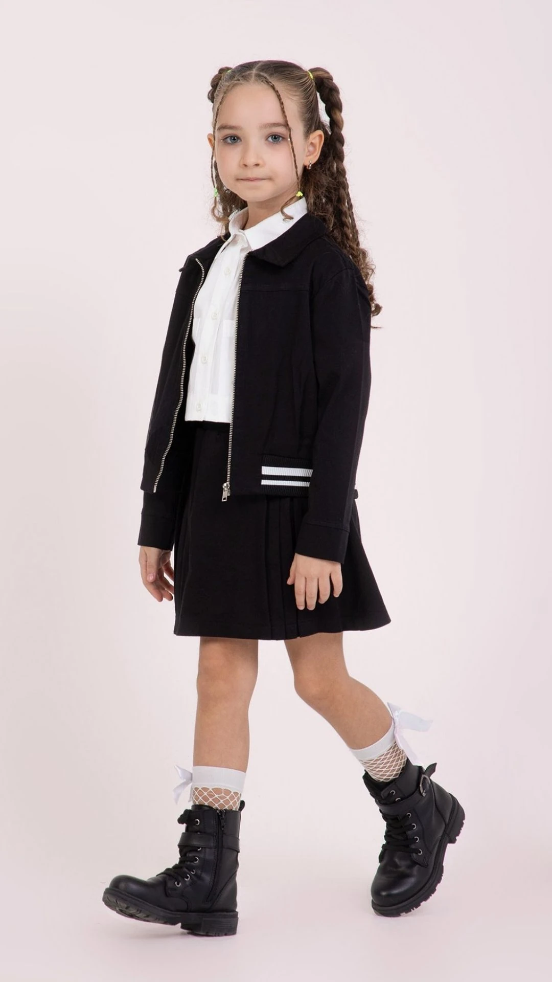 Yıldız Taş Baskılı Gömlek Yarım Pilese Etekli Kız Çocuk Takım