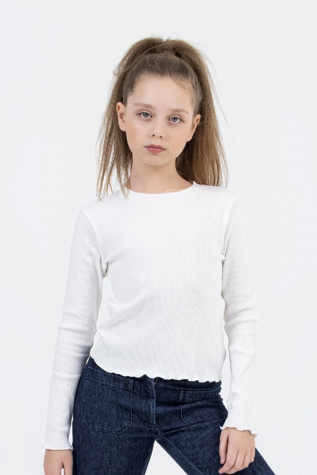 Kız Çocuk Uzun Kollu Ribana Tişört  Ekru & Siyah