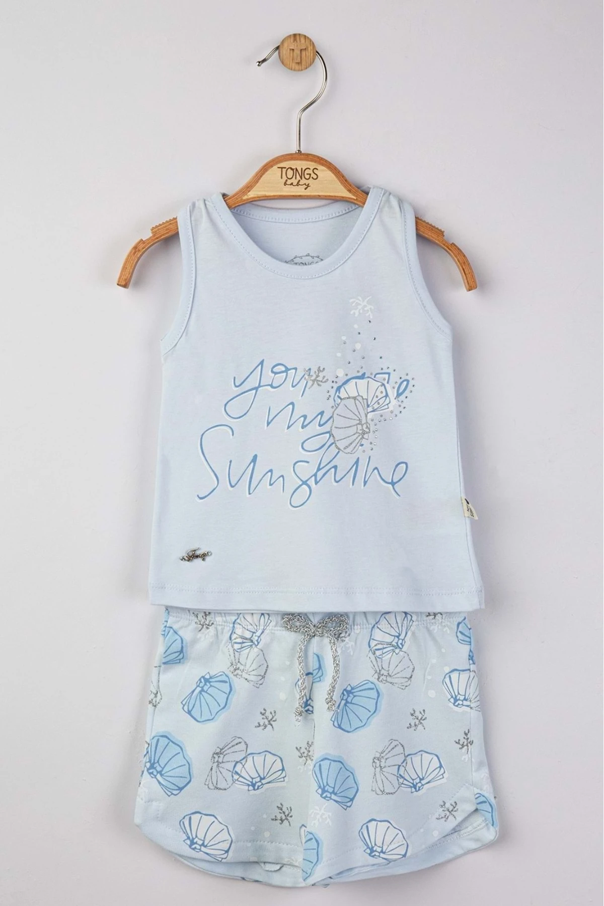 İnci Kabuğu Baskılı Kız Bebek Takım- Mavi - 6-9 Ay