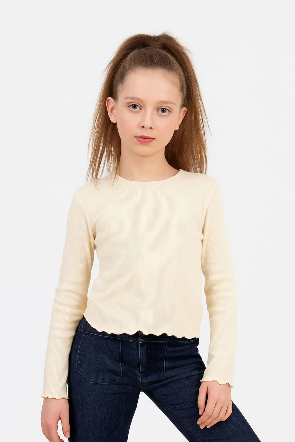 Kız Çocuk Uzun Kollu Ribana Tişört  Ekru & Siyah