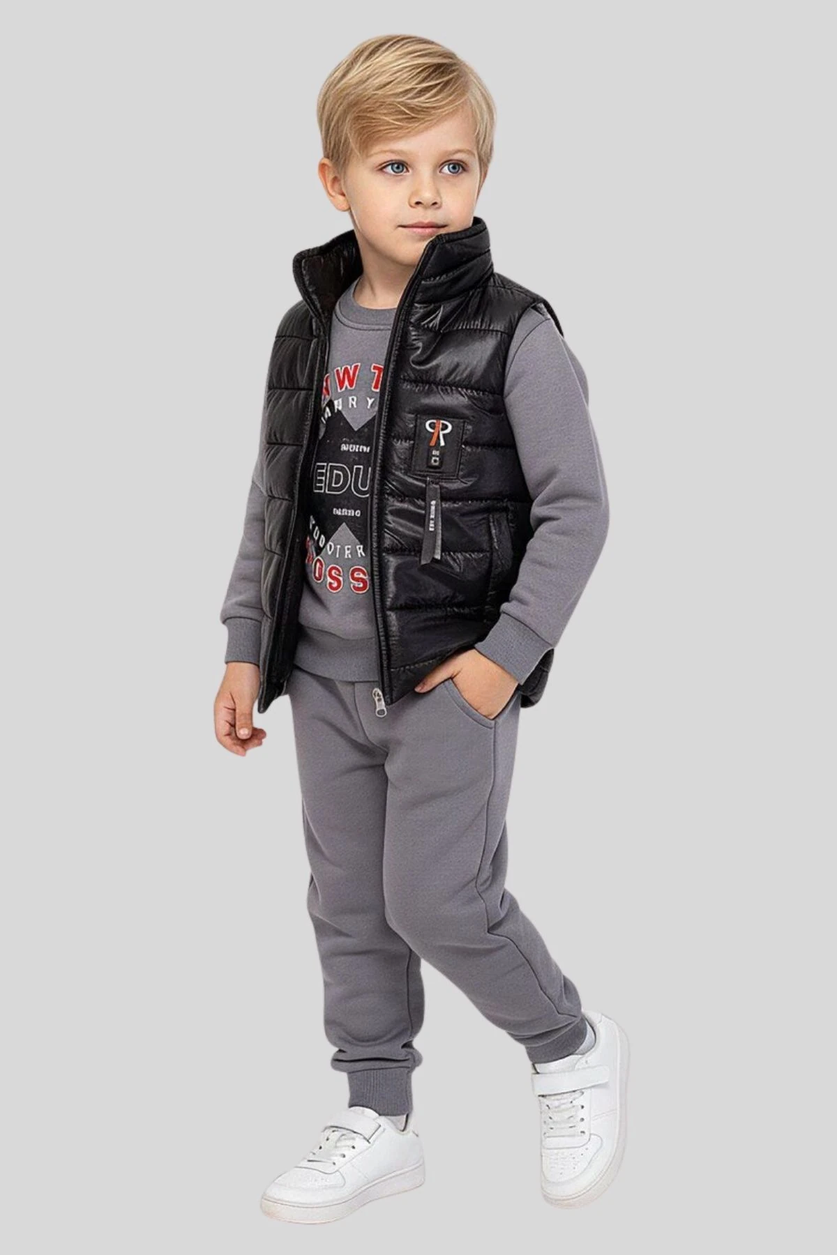 Erkek Çocuk Parlak Siyah Şişme Yelekli 3'lü Takım