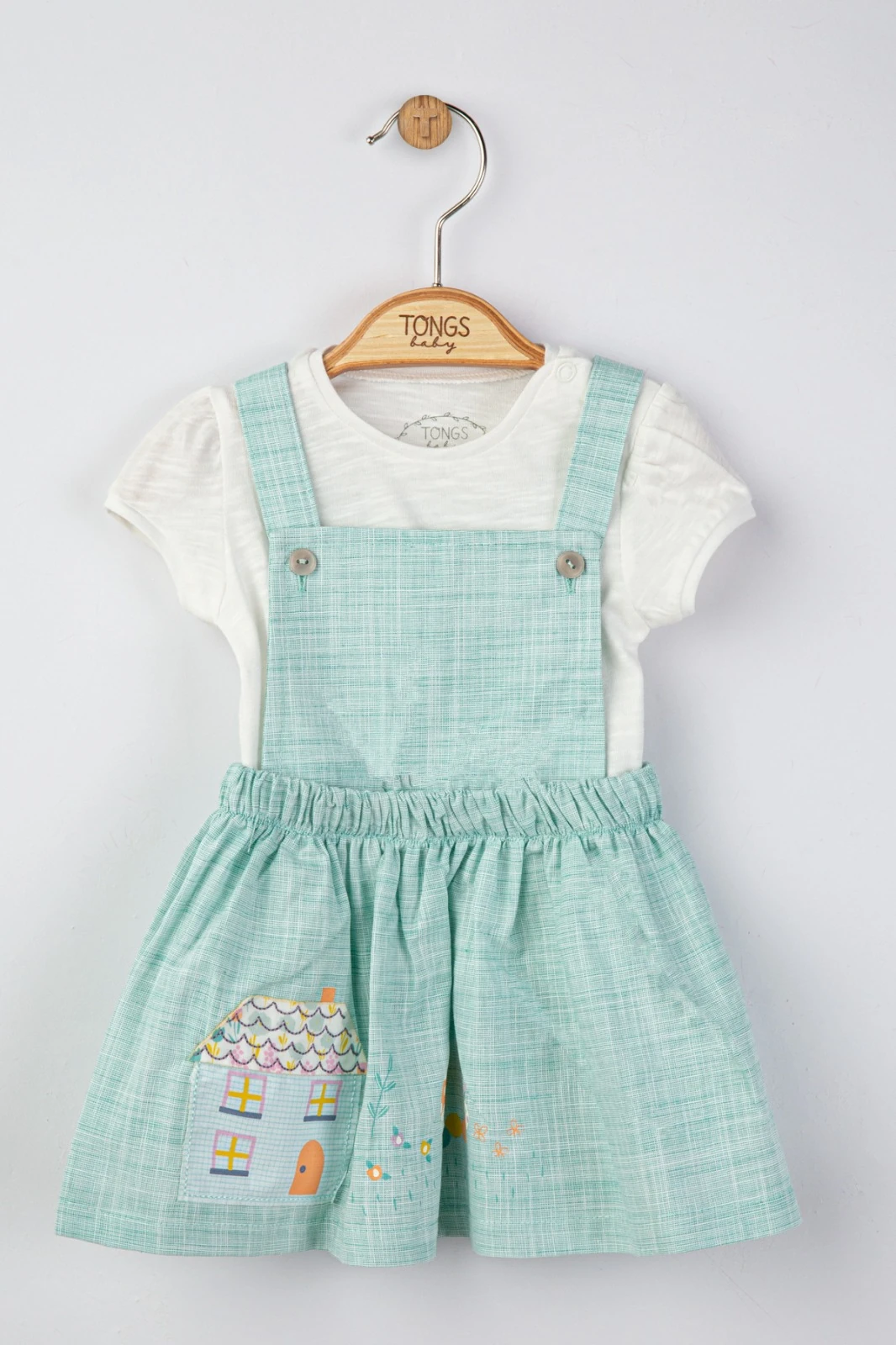 Ev ve Hayvan Figürlü Mint Yeşili Salopet Elbise ve Tişört Bebek Takım