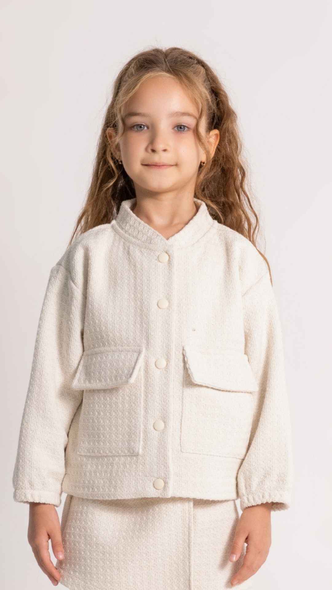 Tüvit Kumaş Kapak Cepi Ceket Fiyonk Detaylı Şort Etekli Kız Çocuk Takım