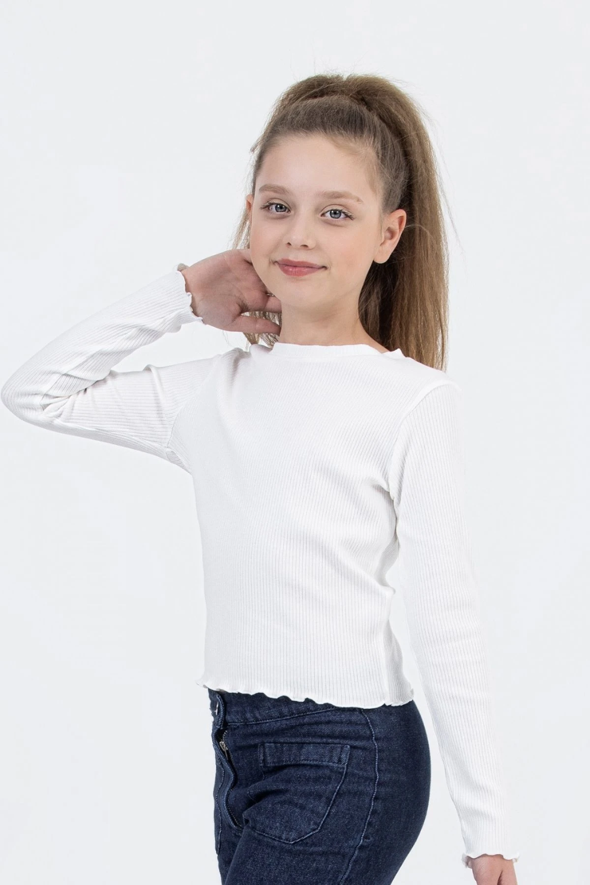 Kız Çocuk Uzun Kollu Ribana Tişört  Ekru & Siyah