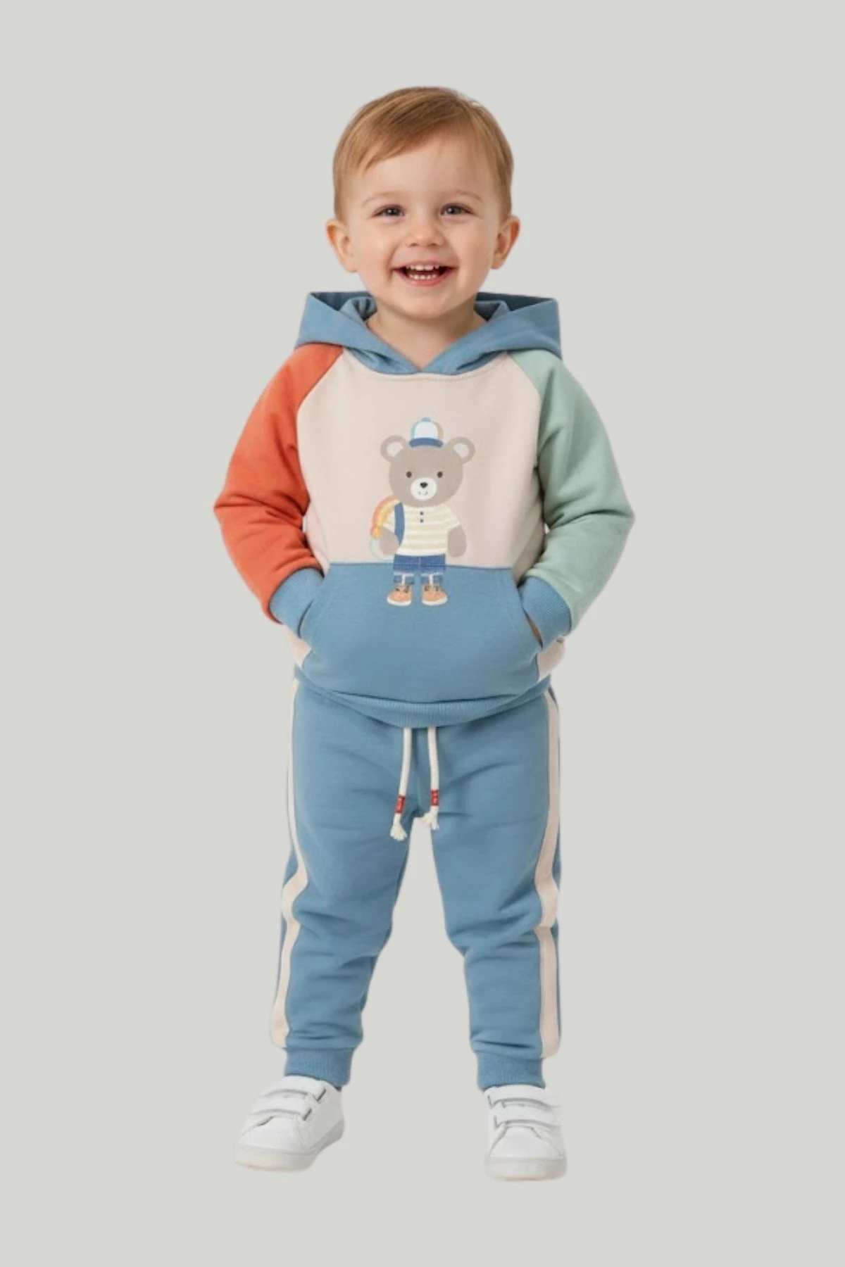 Ayıcık Baskılı Kapüşonlu Erkek Bebek Eşofman Takım