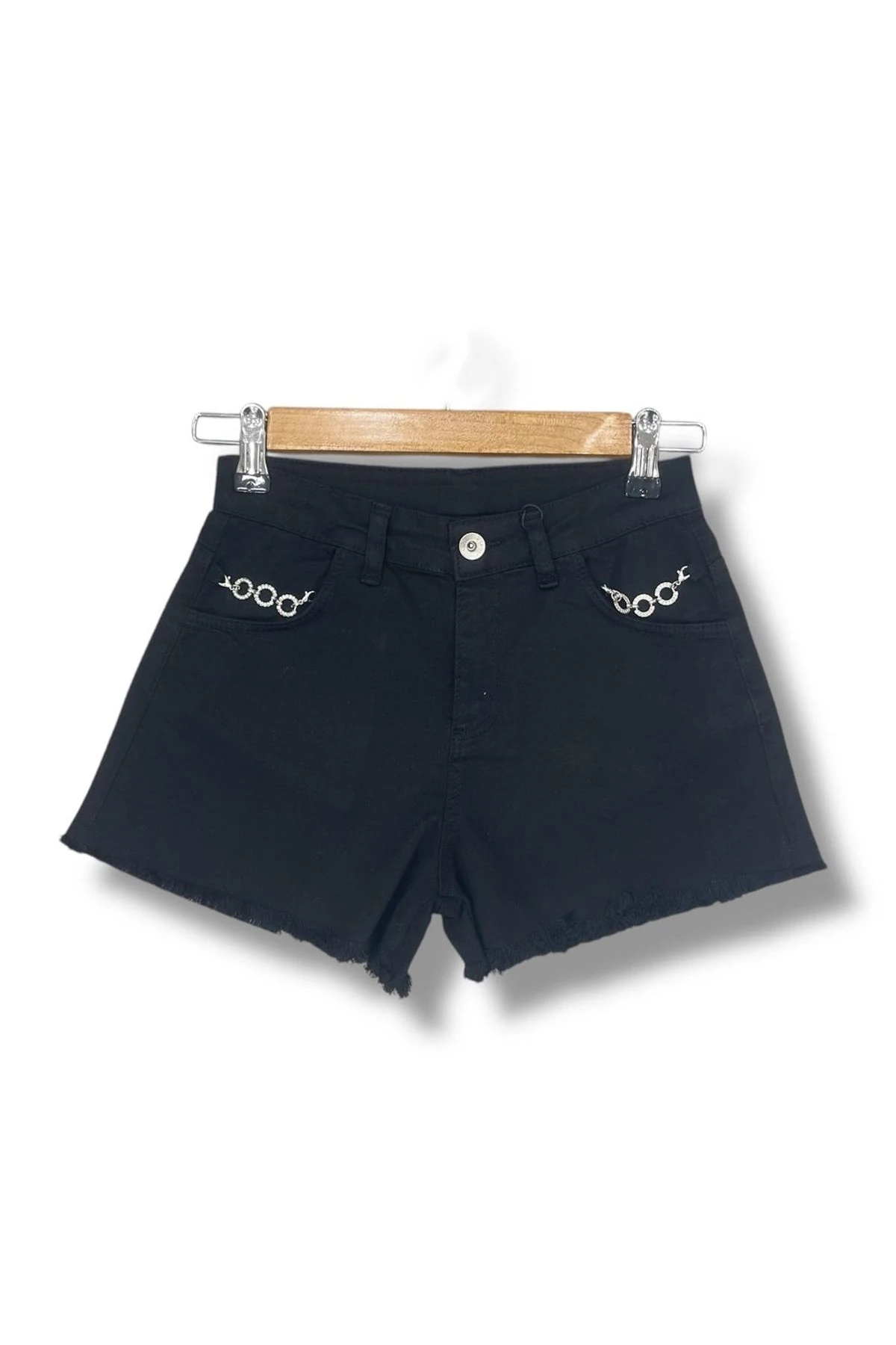 Zincir Detaylı Siyah Denim Şort Kız/Erkek Çocuk