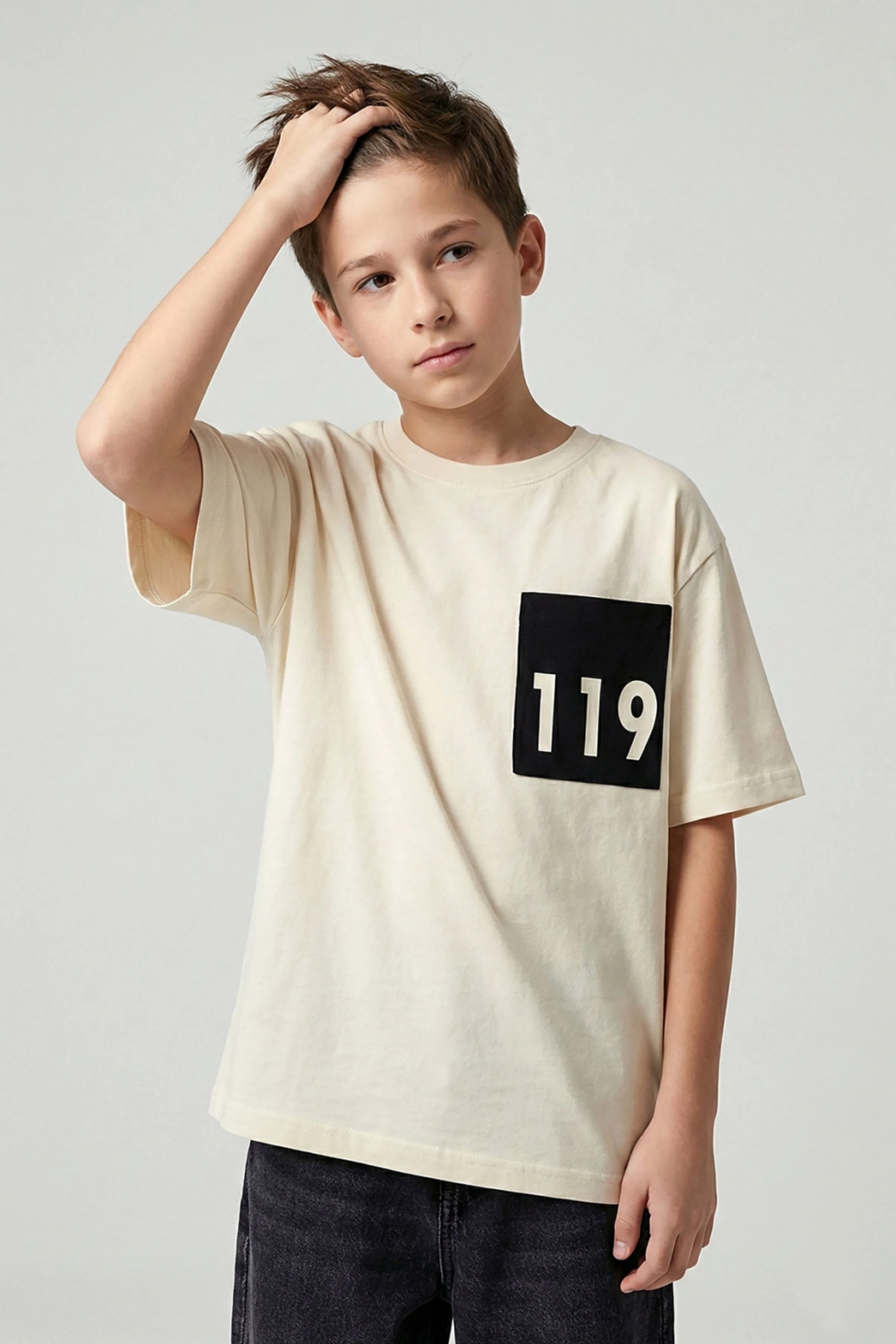 119 Baskılı Denim Cepli Oversize Erkek Çocuk Tişört - Ekru