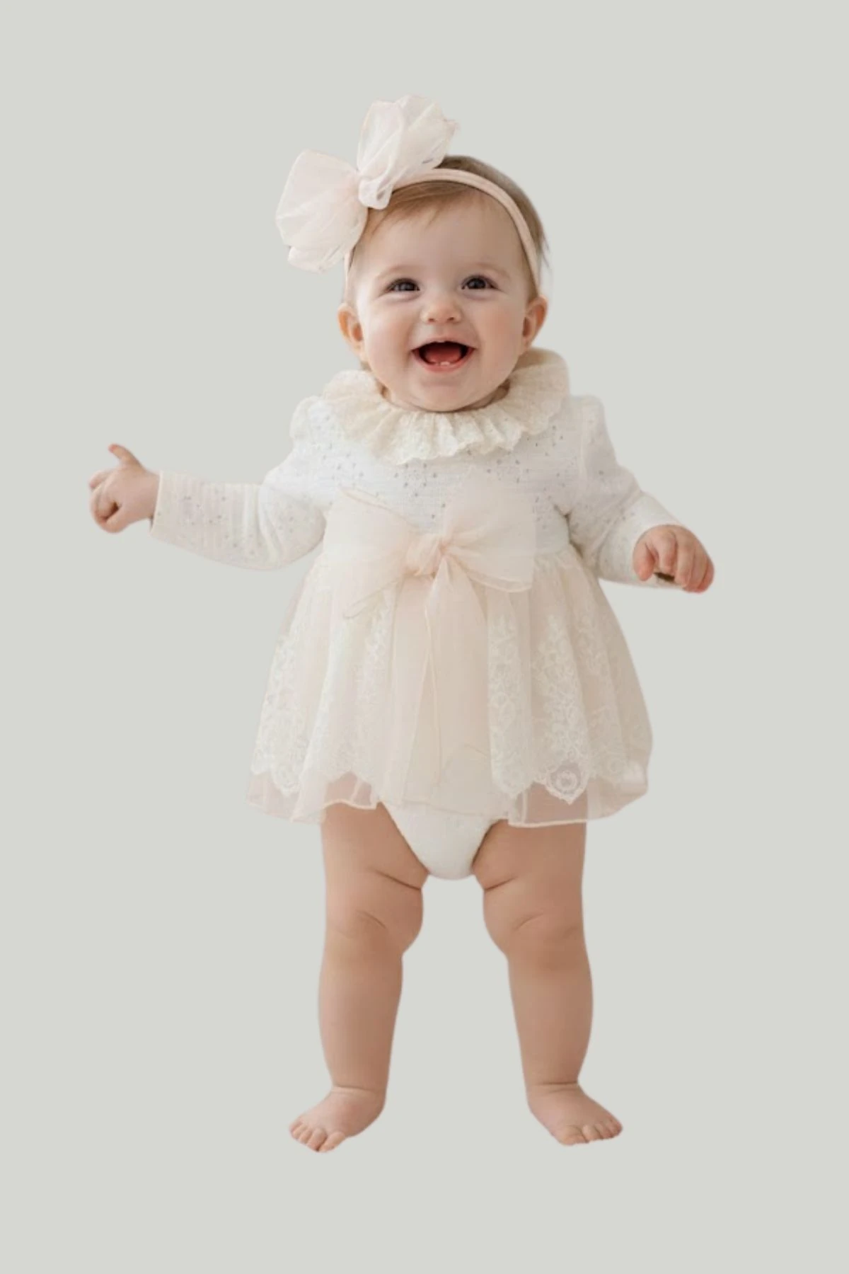 Fiyonk Detaylı Üstü Triko Altı Tül Kız Bebek Elbise