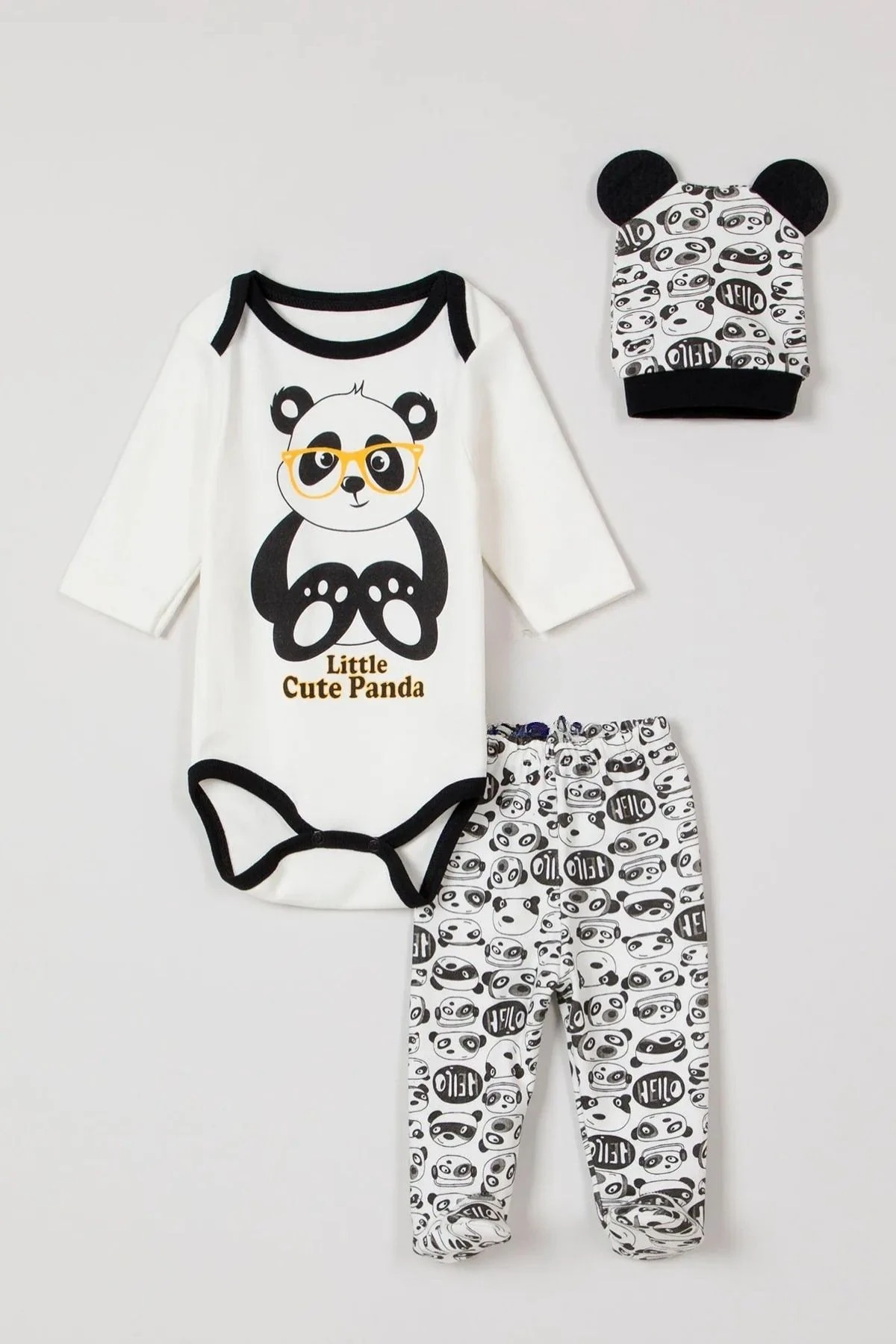 Panda Temalı 3’lü Bebek Takımı - Zıbın + Pantolon + Kulaklı Şapka