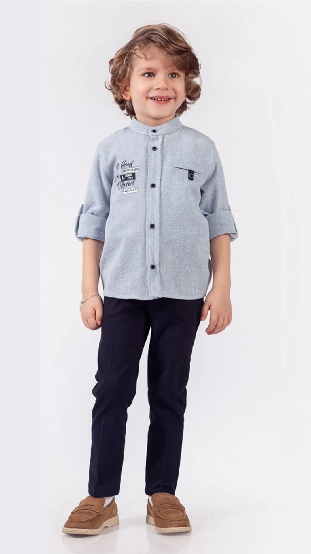 Önü Baskılı Hakimyaka Gömlekli Pantolonlu Erkek Çocuk  2li Takım