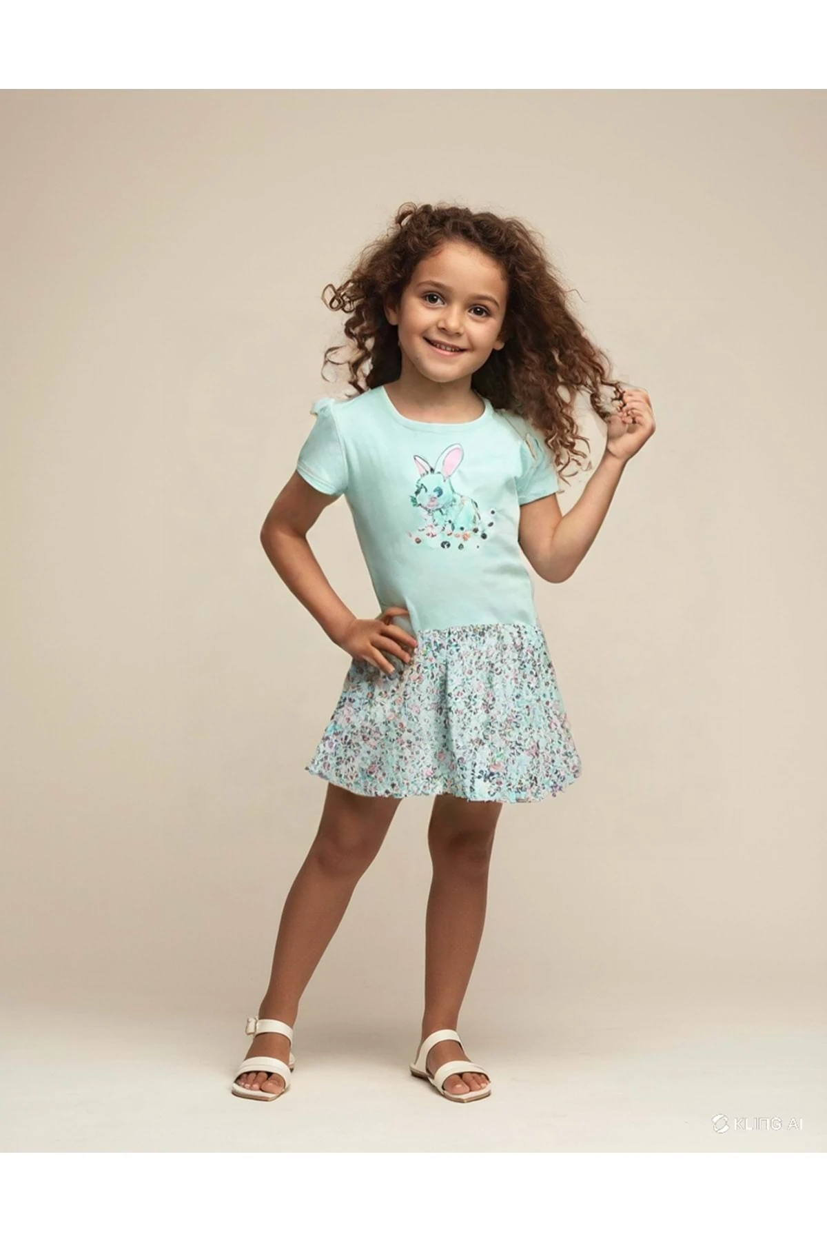 Tavşan Baskılı Lila Volanlı Etek Kız Çocuk Elbise - Mint