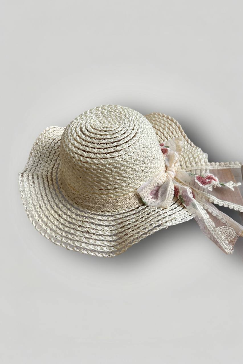 Dantel Kurdele Detaylı Hasır Çocuk Şapka