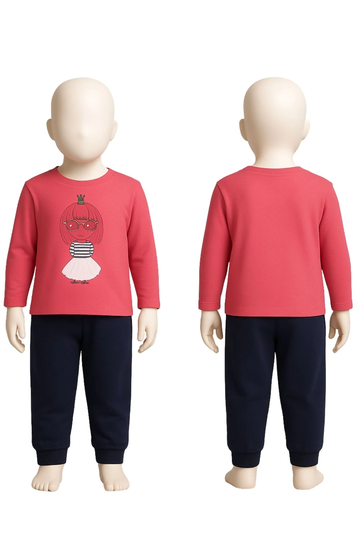 Kız Çocuk Önü Baskılı Paçaları Lastikli Pijama Takımı