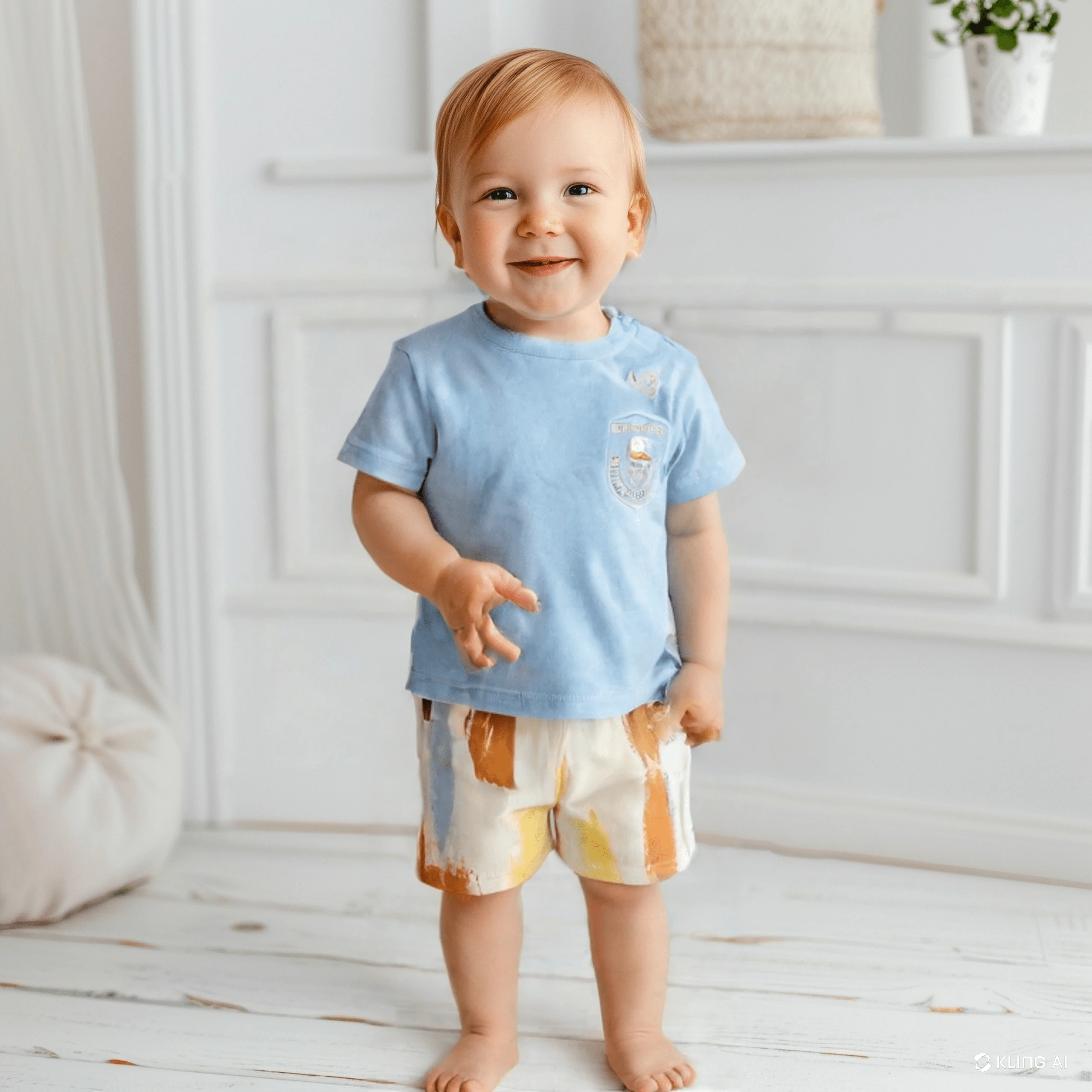 Bulut Baskılı Mavi Tişört ve Çizgili Şort Bebek/Çocuk Takım