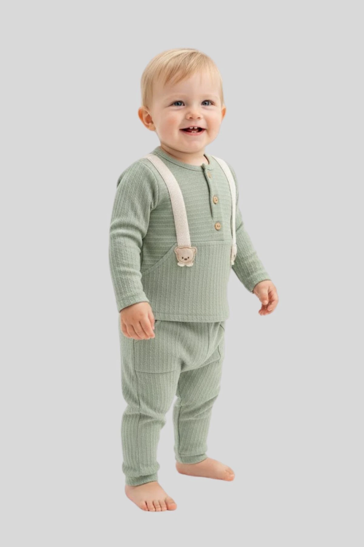 Ayıcık Figürlü Önden Düğmeli Erkek Bebek Takım