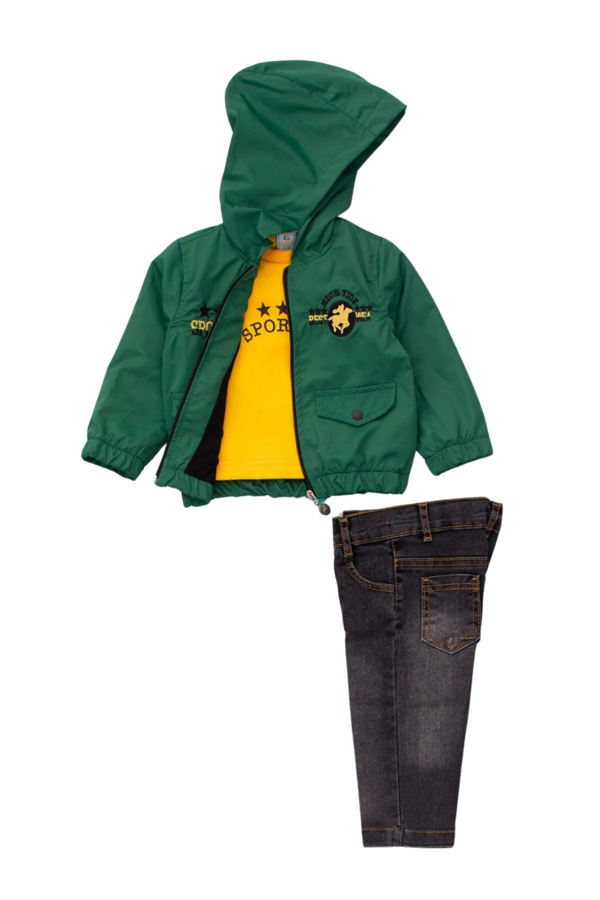 Kapüşonlu Nakışlı Yağmurluk Baskılı Badi Pantolon Erkek Çocuk Takım