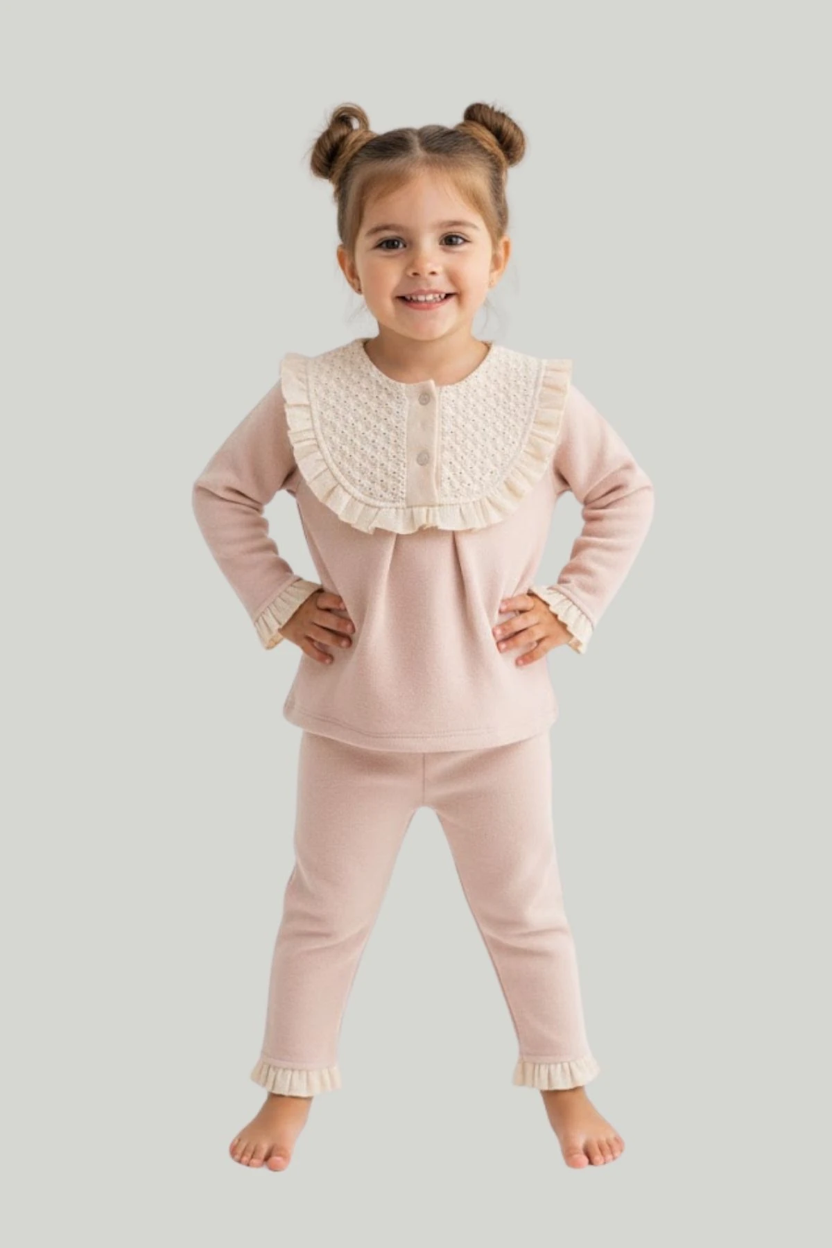 Yakası Güpürlü İnce Fitilli Kadife Kız Bebek Takım