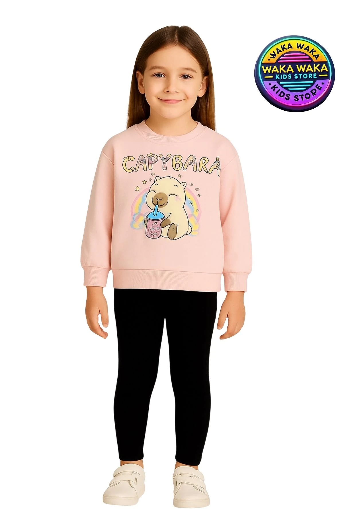 Kız Çocuk Capybara Desenli Pembe Sweatshirt ve Siyah Tayt İkili Takım