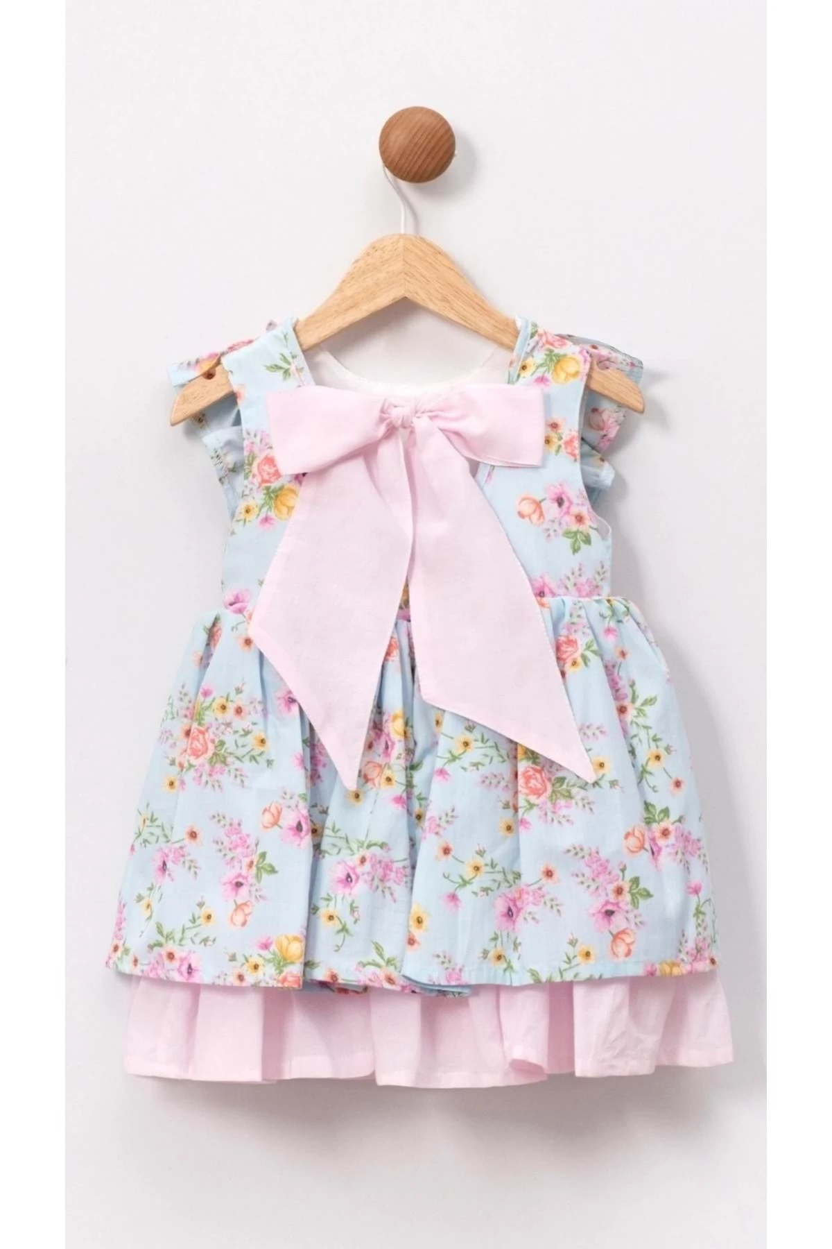 Çiçek Desenli Kurdela Bağlamalı Fisto Detaylı Kız Çocuk Elbisesi