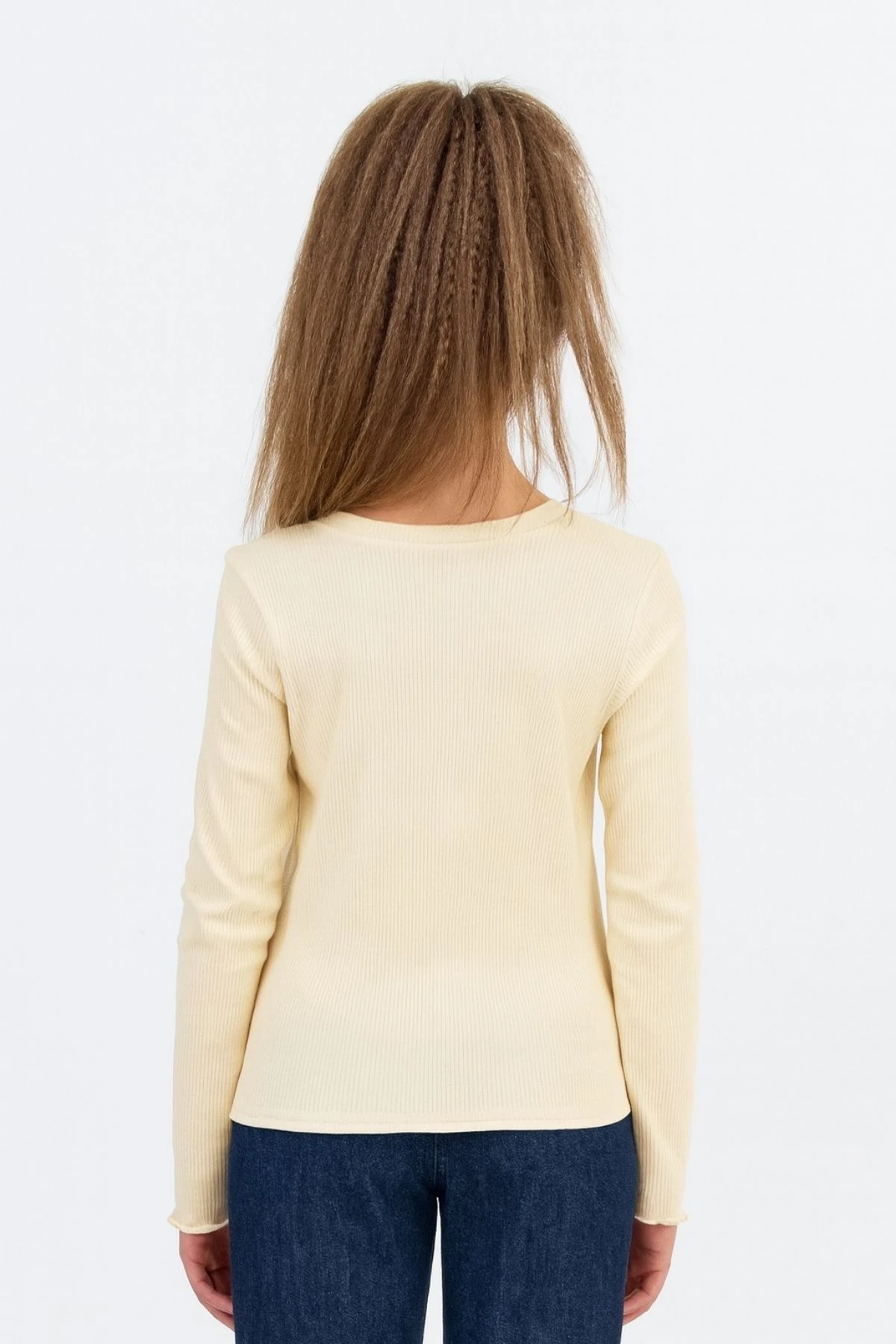 Kız Çocuk Uzun Kollu Ribana Tişört  Ekru & Siyah