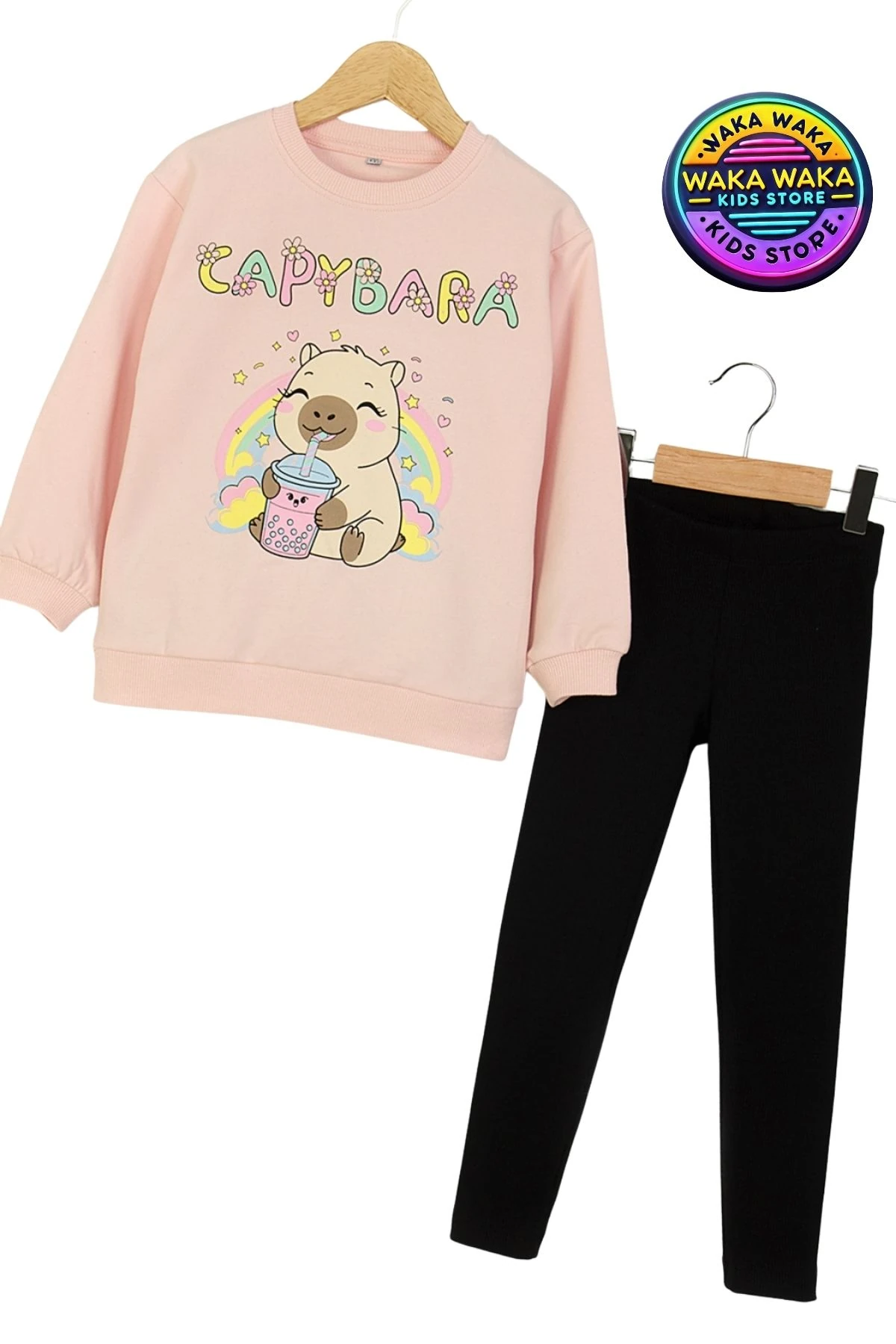 Kız Çocuk Capybara Desenli Pembe Sweatshirt ve Siyah Tayt İkili Takım