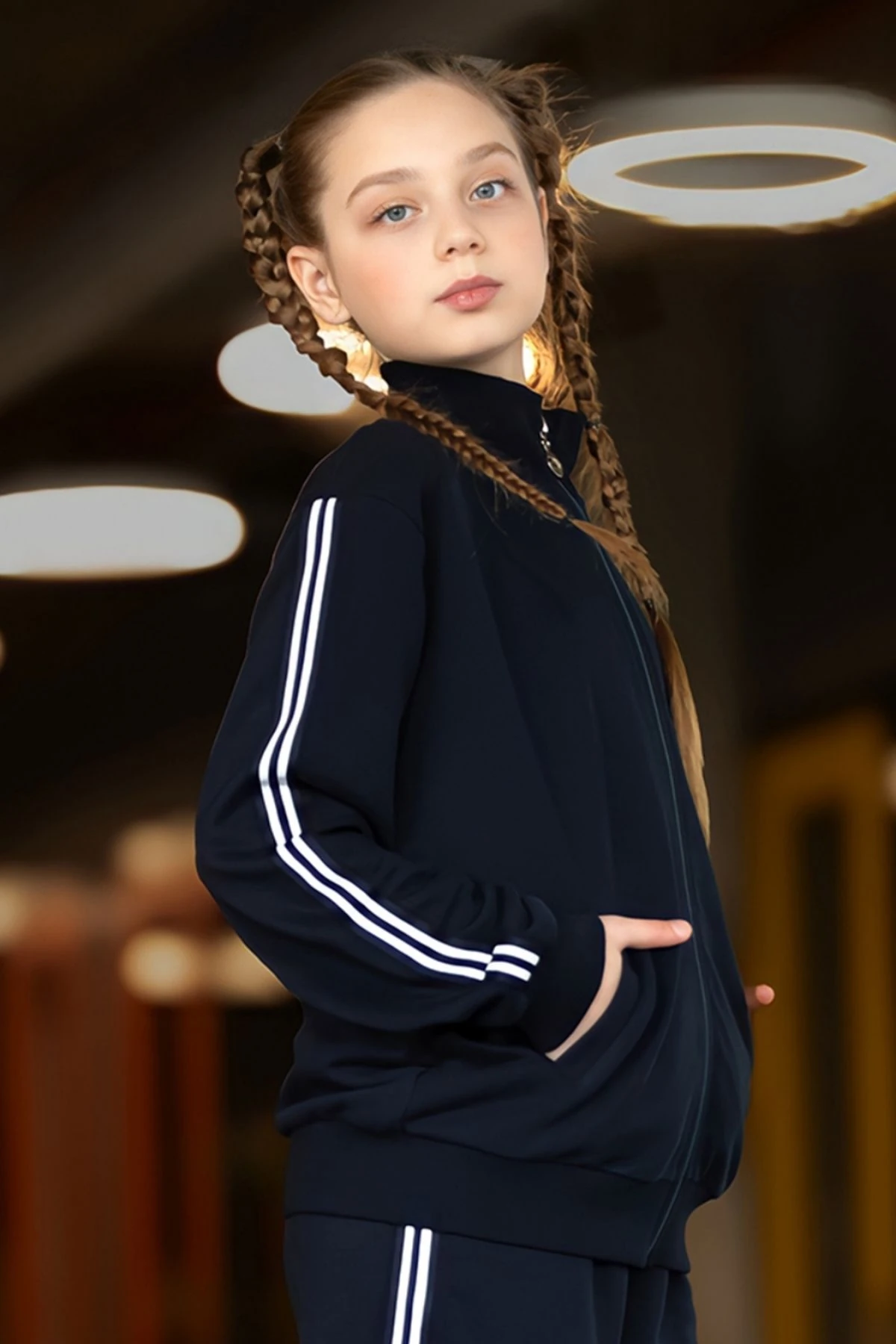 Kız Çocuk Fermuarlı Eşofman Takımı Şerit Detaylı, Siyah & Lacivert Renk Seçenekleri