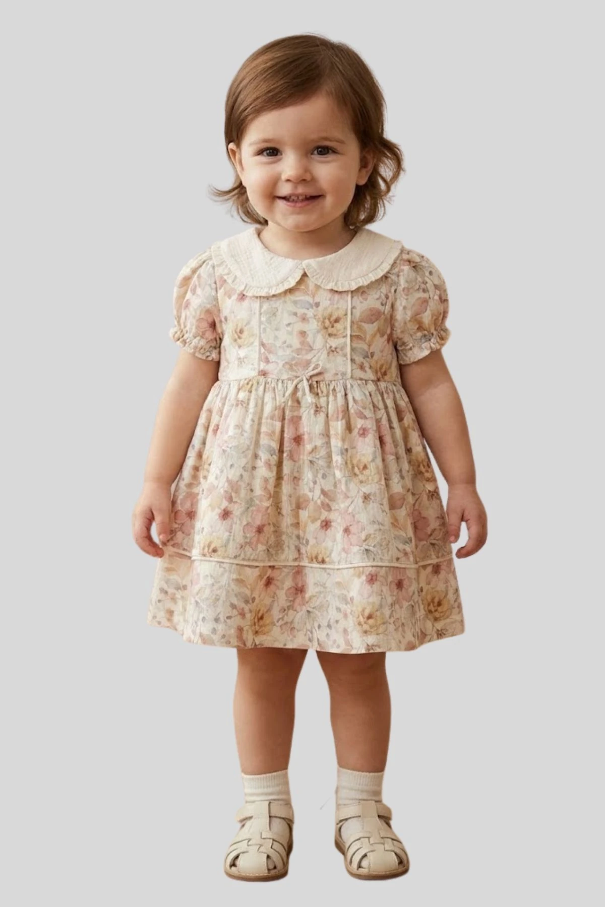 Çiçek Baskılı Astarlı Fermuar Kapamalı Kız Bebek Elbise